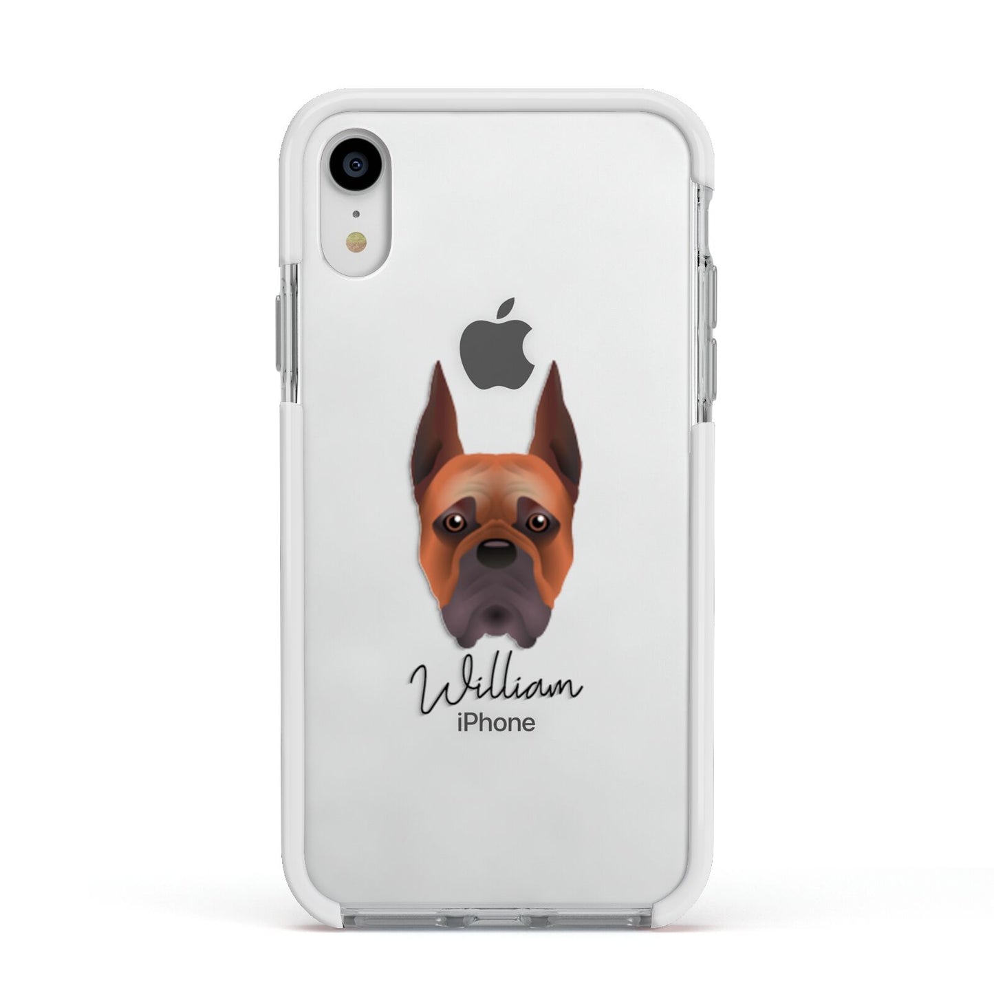 Boxer Personalised Apple iPhone XR Impact Case White Edge on Silver Phone