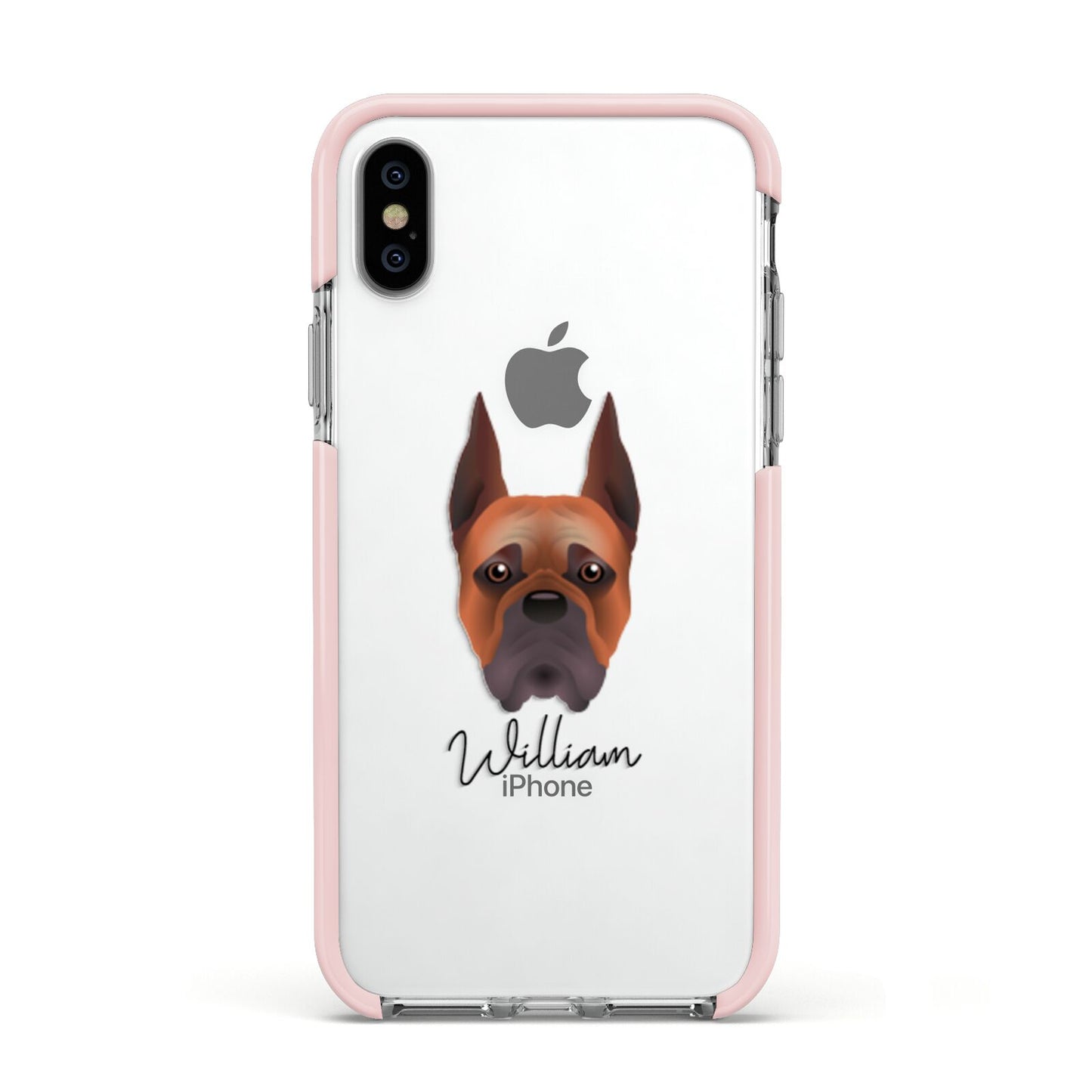 Boxer Personalised Apple iPhone Xs Impact Case Pink Edge on Silver Phone