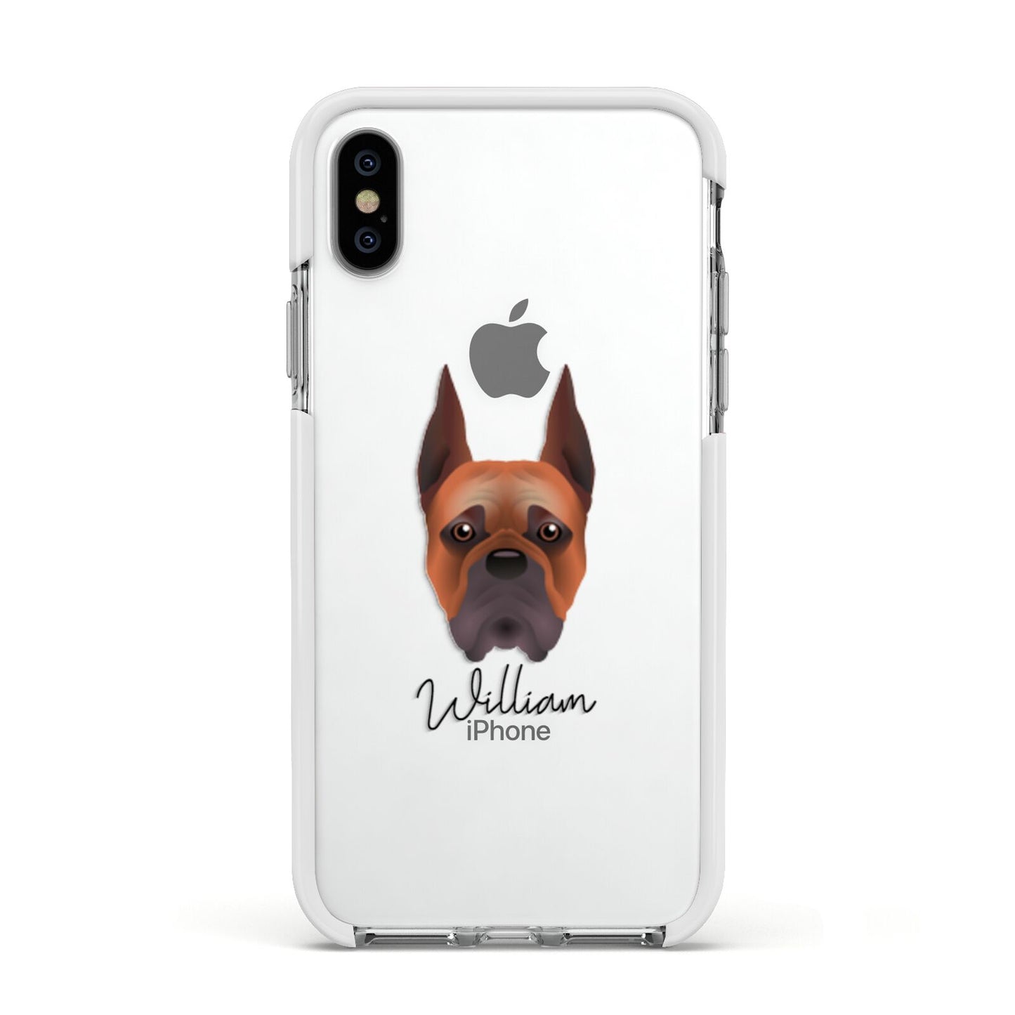 Boxer Personalised Apple iPhone Xs Impact Case White Edge on Silver Phone