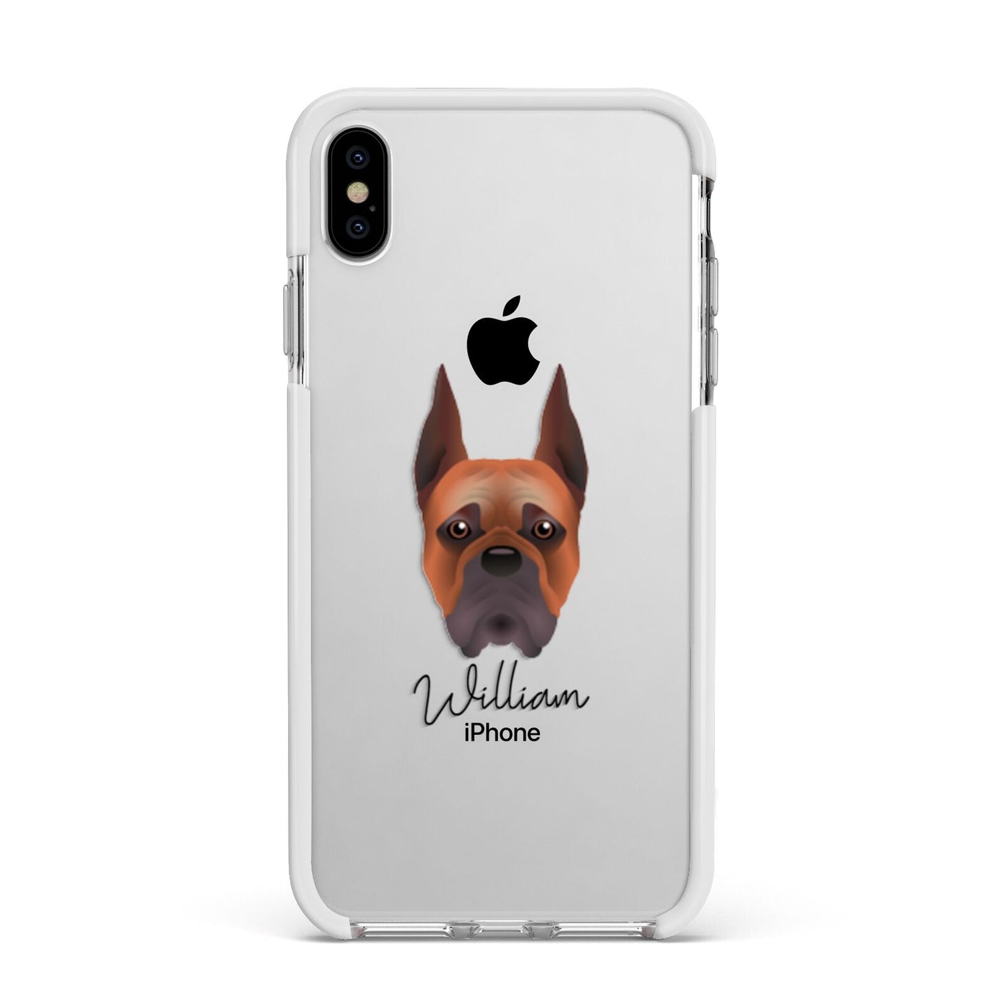 Boxer Personalised Apple iPhone Xs Max Impact Case White Edge on Silver Phone