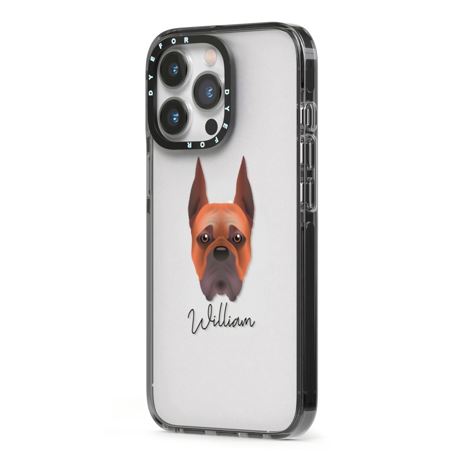 Boxer Personalised iPhone 13 Pro Black Impact Case Side Angle on Silver phone