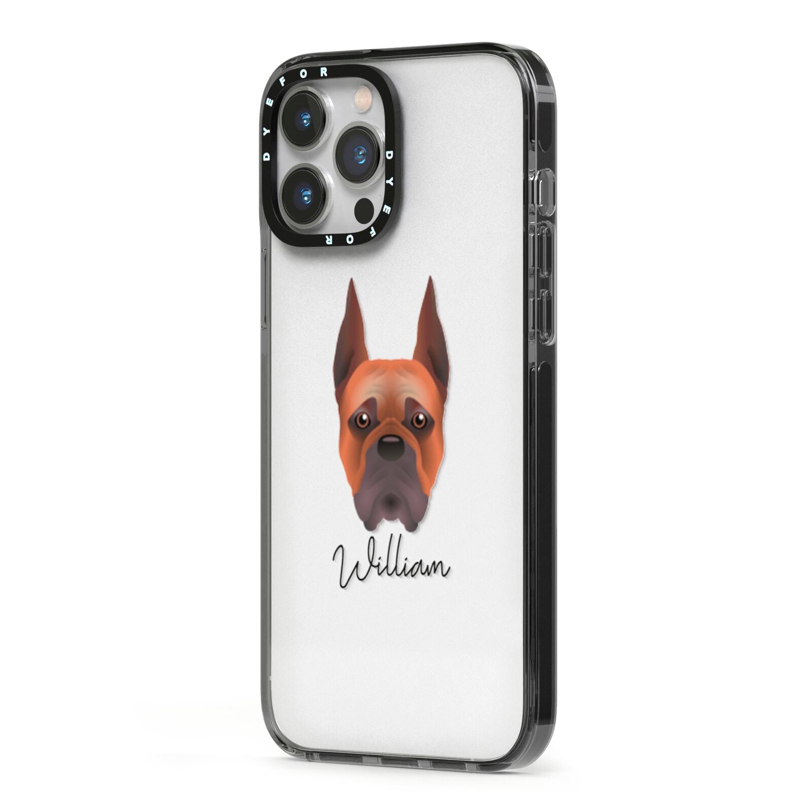 Boxer Personalised iPhone 13 Pro Max Black Impact Case Side Angle on Silver phone