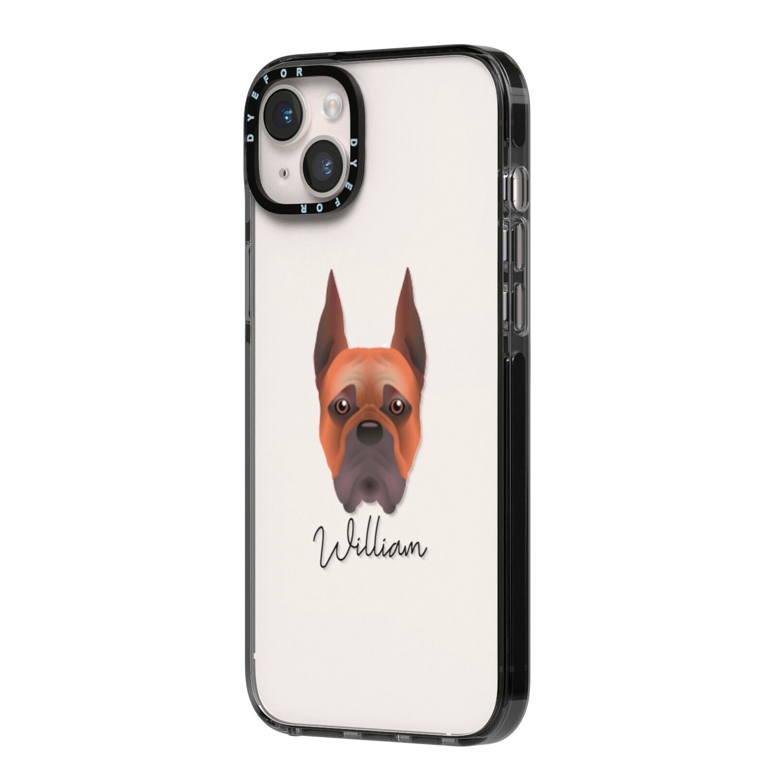 Boxer Personalised iPhone 14 Plus Black Impact Case Side Angle on Silver phone
