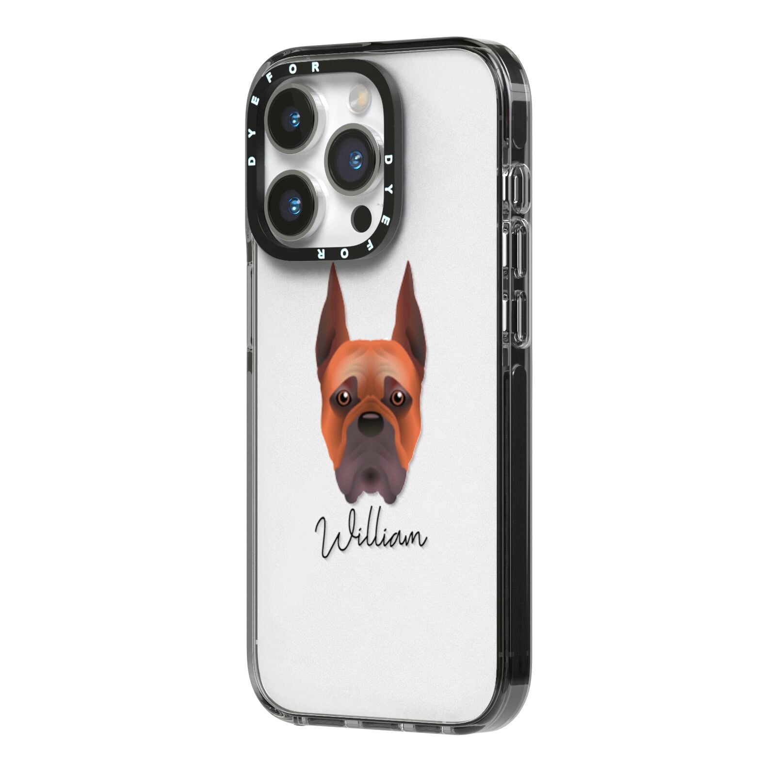 Boxer Personalised iPhone 14 Pro Black Impact Case Side Angle on Silver phone