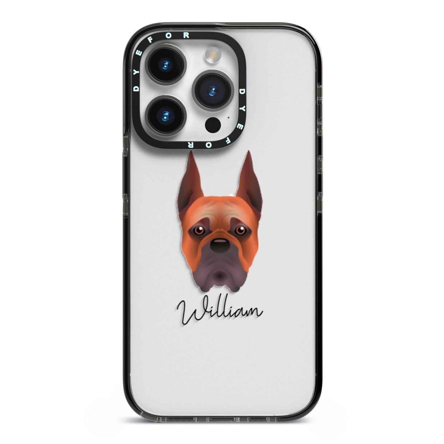 Boxer Personalised iPhone 14 Pro Black Impact Case on Silver phone