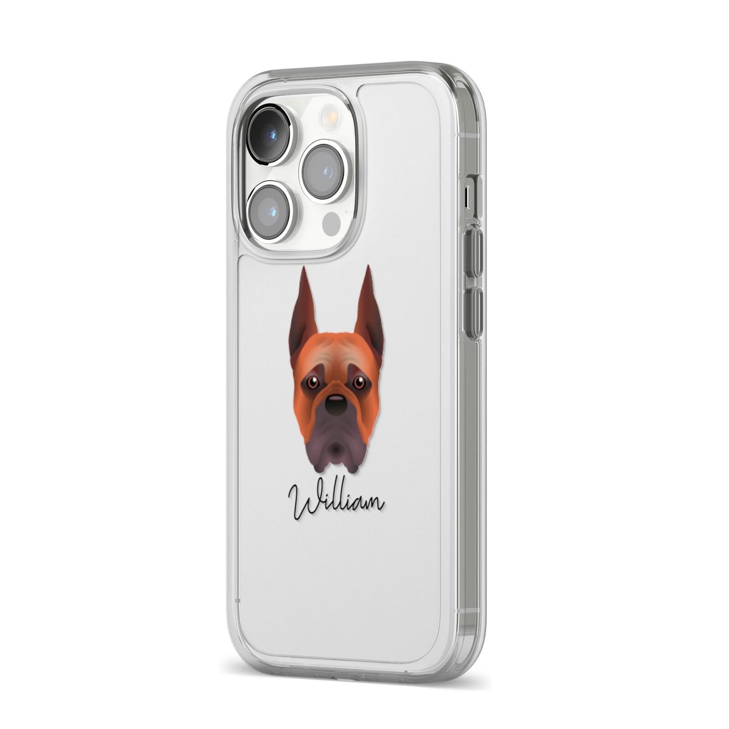 Boxer Personalised iPhone 14 Pro Clear Tough Case Silver Angled Image