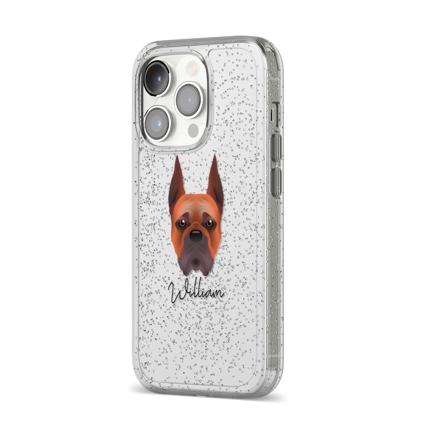 Boxer Personalised iPhone 14 Pro Glitter Tough Case Silver Angled Image
