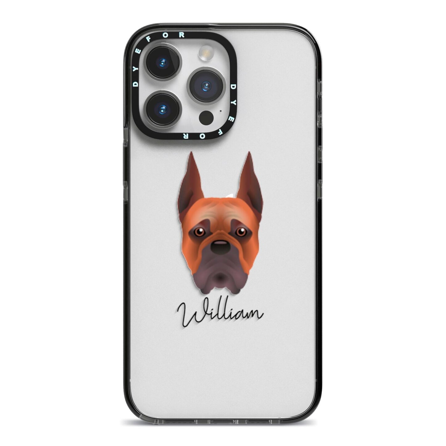 Boxer Personalised iPhone 14 Pro Max Black Impact Case on Silver phone