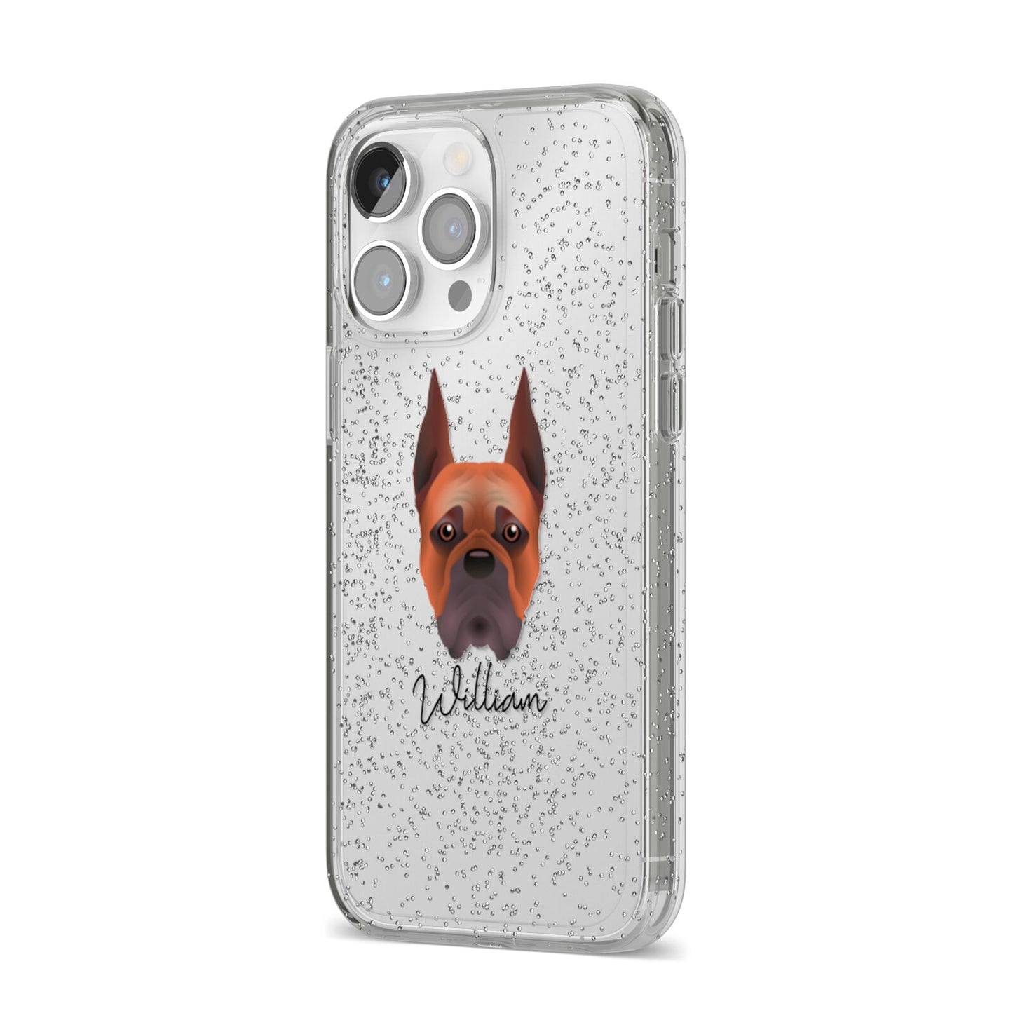 Boxer Personalised iPhone 14 Pro Max Glitter Tough Case Silver Angled Image