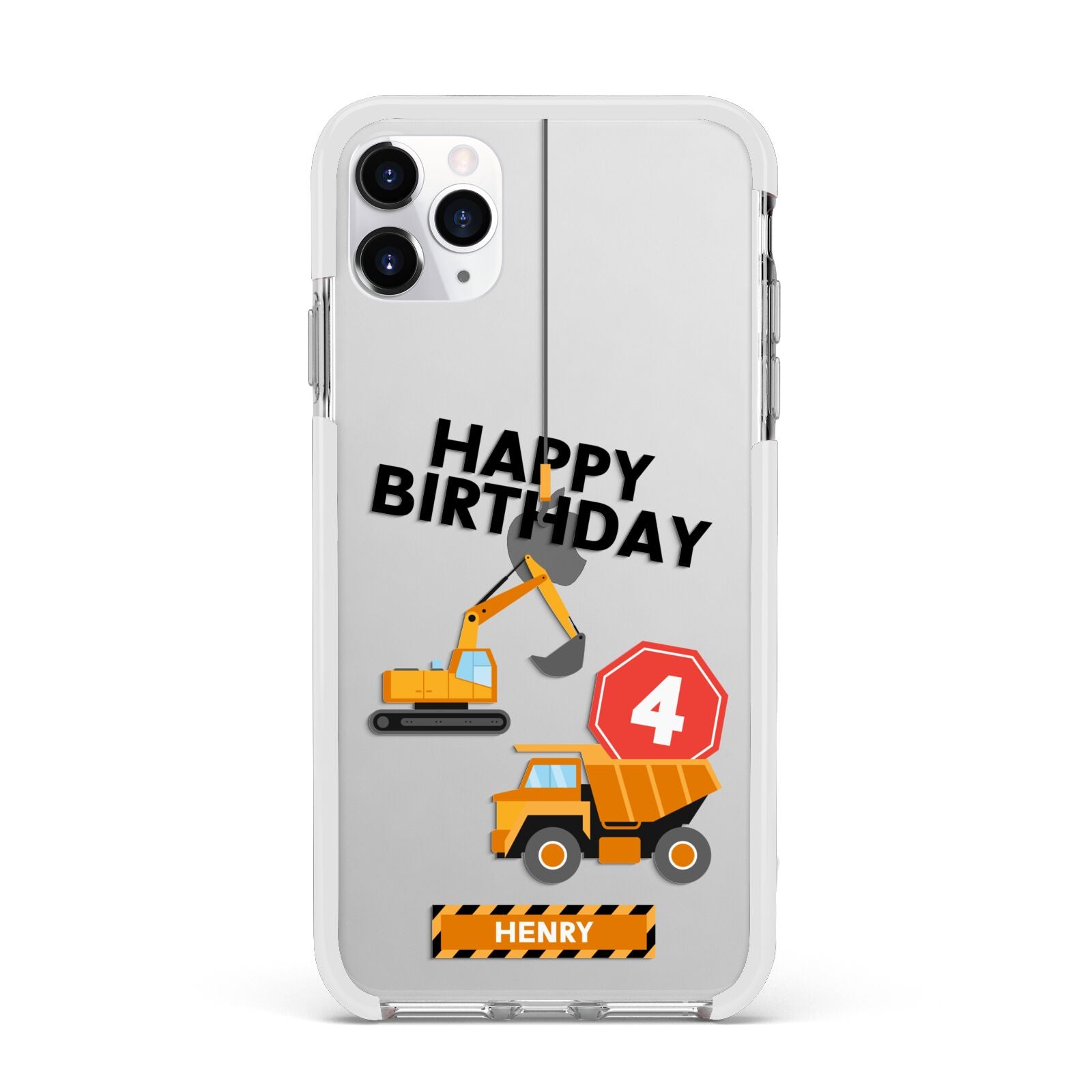 Boys Birthday Diggers Personalised Apple iPhone 11 Pro Max in Silver with White Impact Case