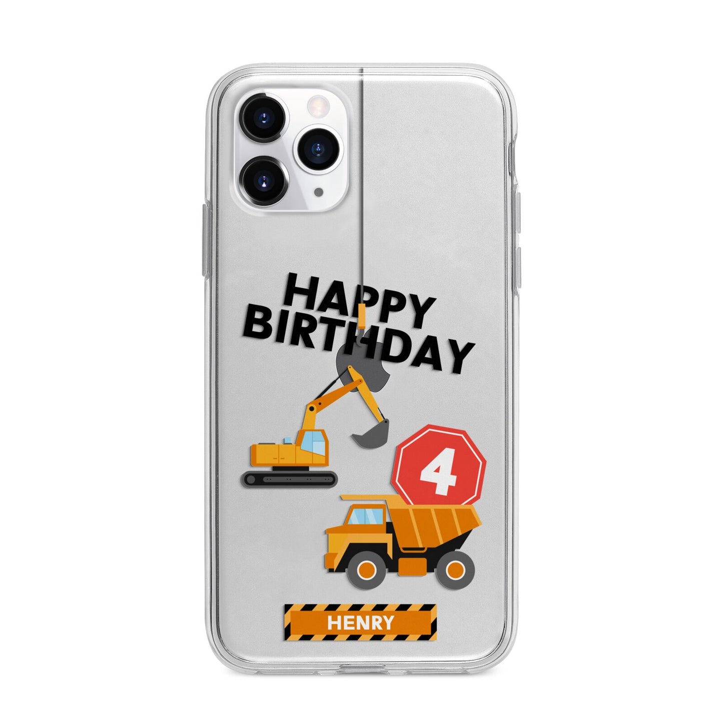 Boys Birthday Diggers Personalised Apple iPhone 11 Pro in Silver with Bumper Case
