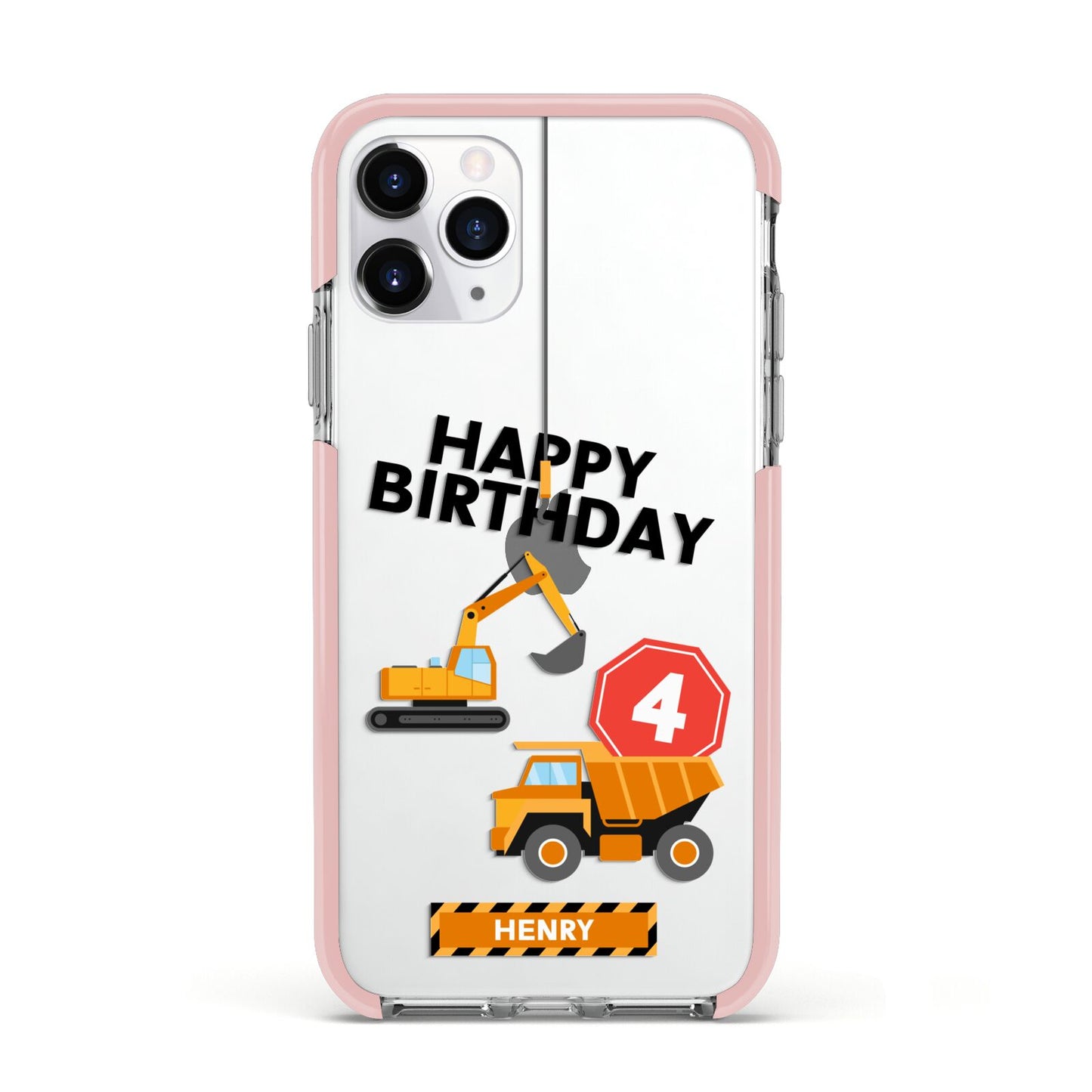 Boys Birthday Diggers Personalised Apple iPhone 11 Pro in Silver with Pink Impact Case