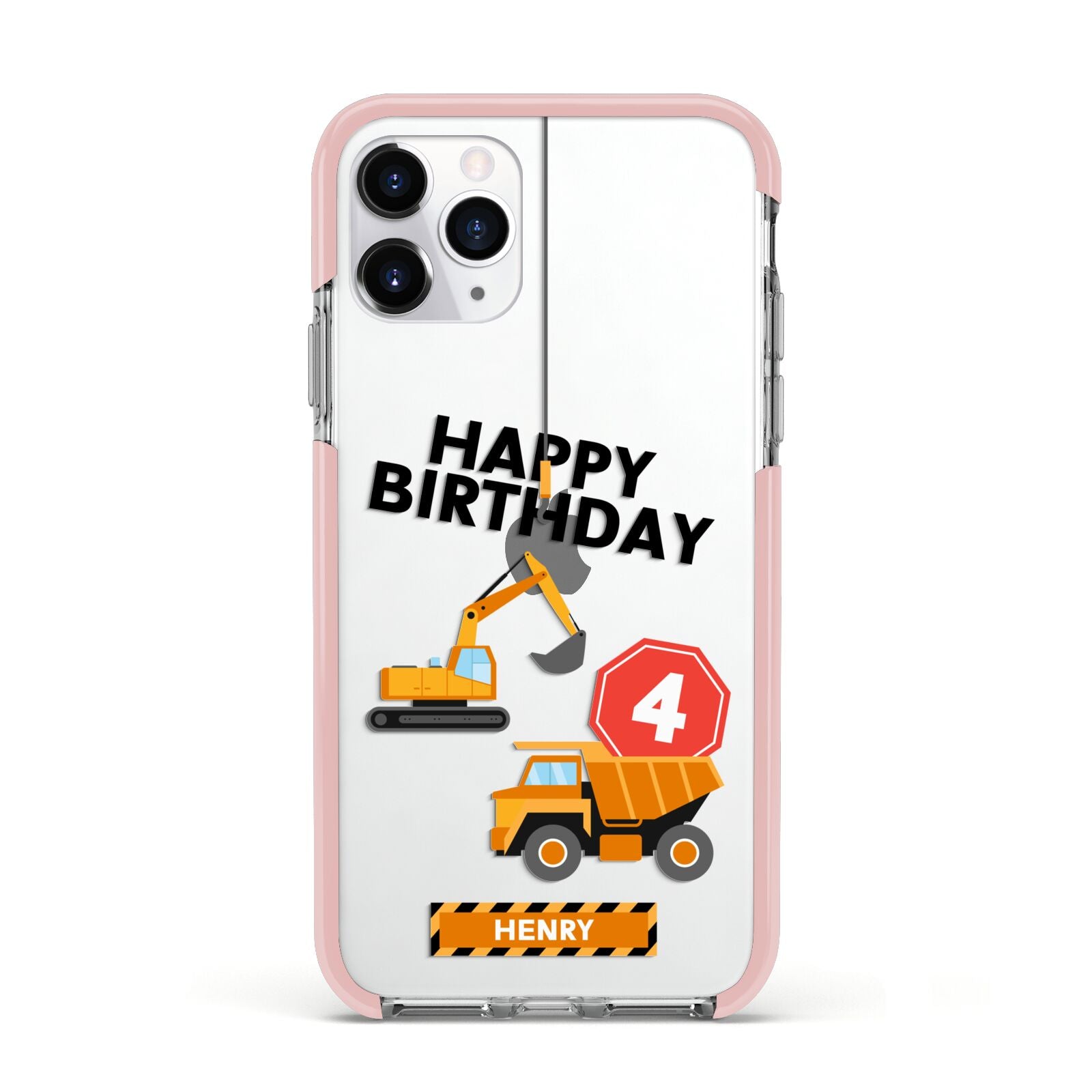 Boys Birthday Diggers Personalised Apple iPhone 11 Pro in Silver with Pink Impact Case