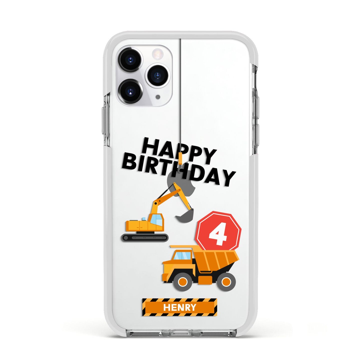 Boys Birthday Diggers Personalised Apple iPhone 11 Pro in Silver with White Impact Case