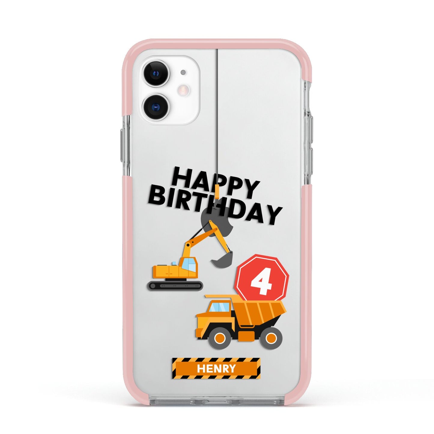 Boys Birthday Diggers Personalised Apple iPhone 11 in White with Pink Impact Case