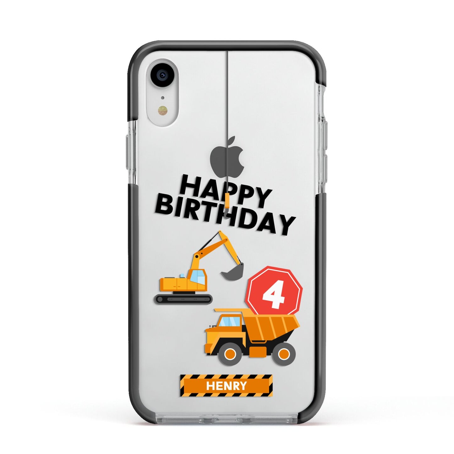 Boys Birthday Diggers Personalised Apple iPhone XR Impact Case Black Edge on Silver Phone