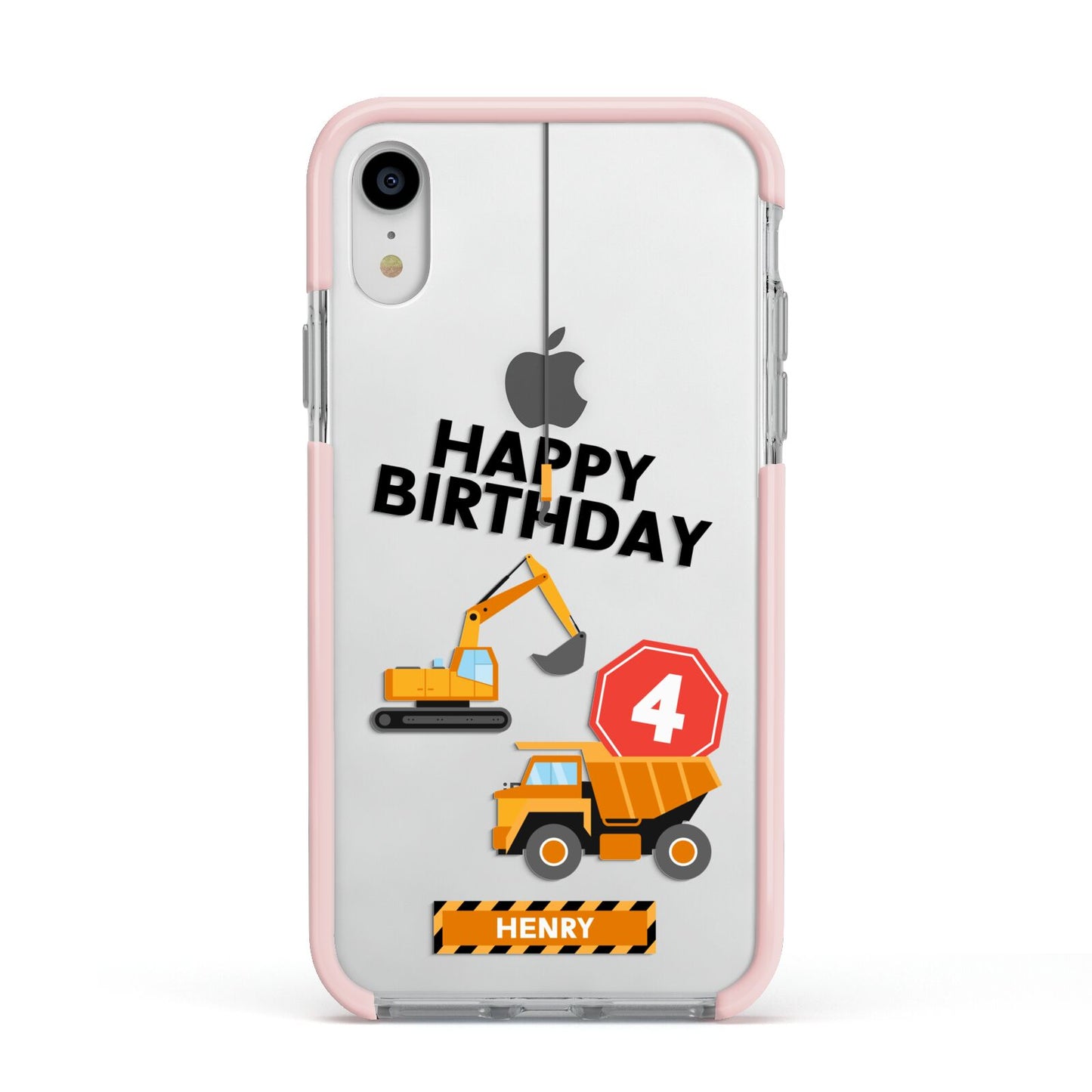 Boys Birthday Diggers Personalised Apple iPhone XR Impact Case Pink Edge on Silver Phone