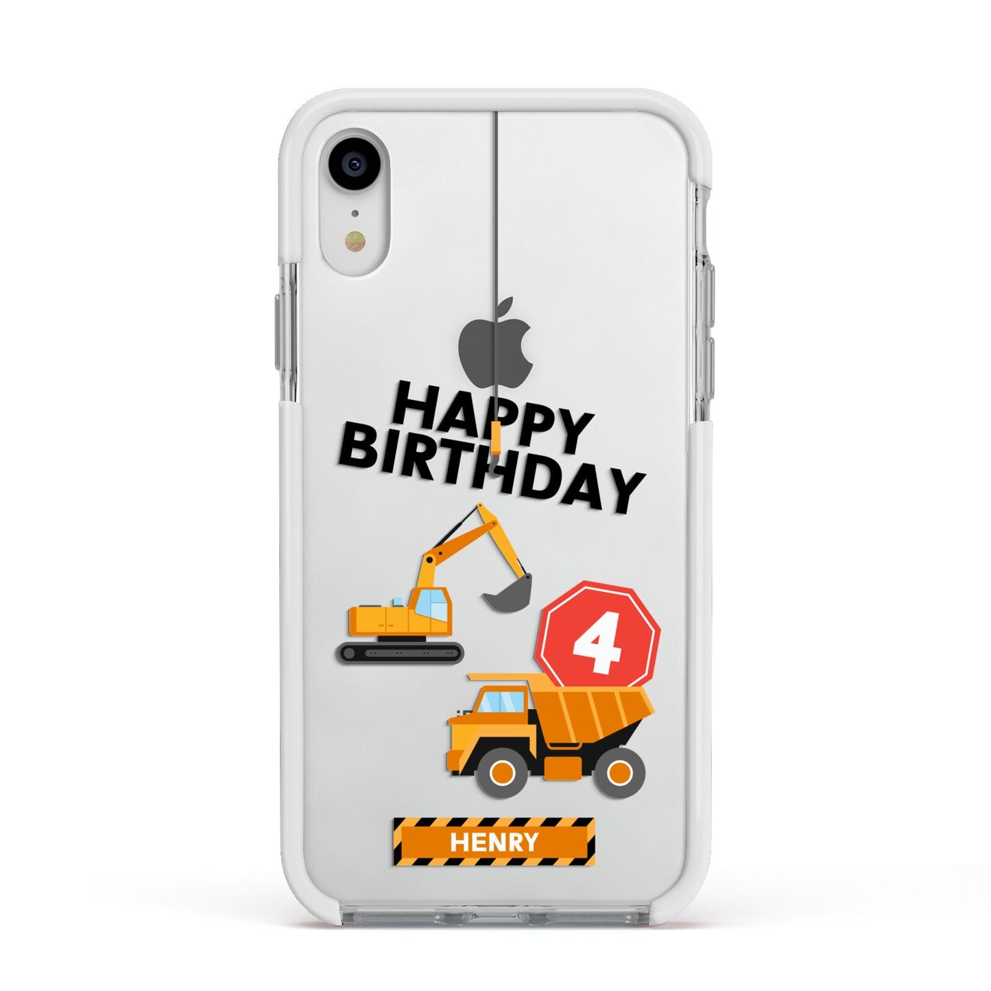 Boys Birthday Diggers Personalised Apple iPhone XR Impact Case White Edge on Silver Phone