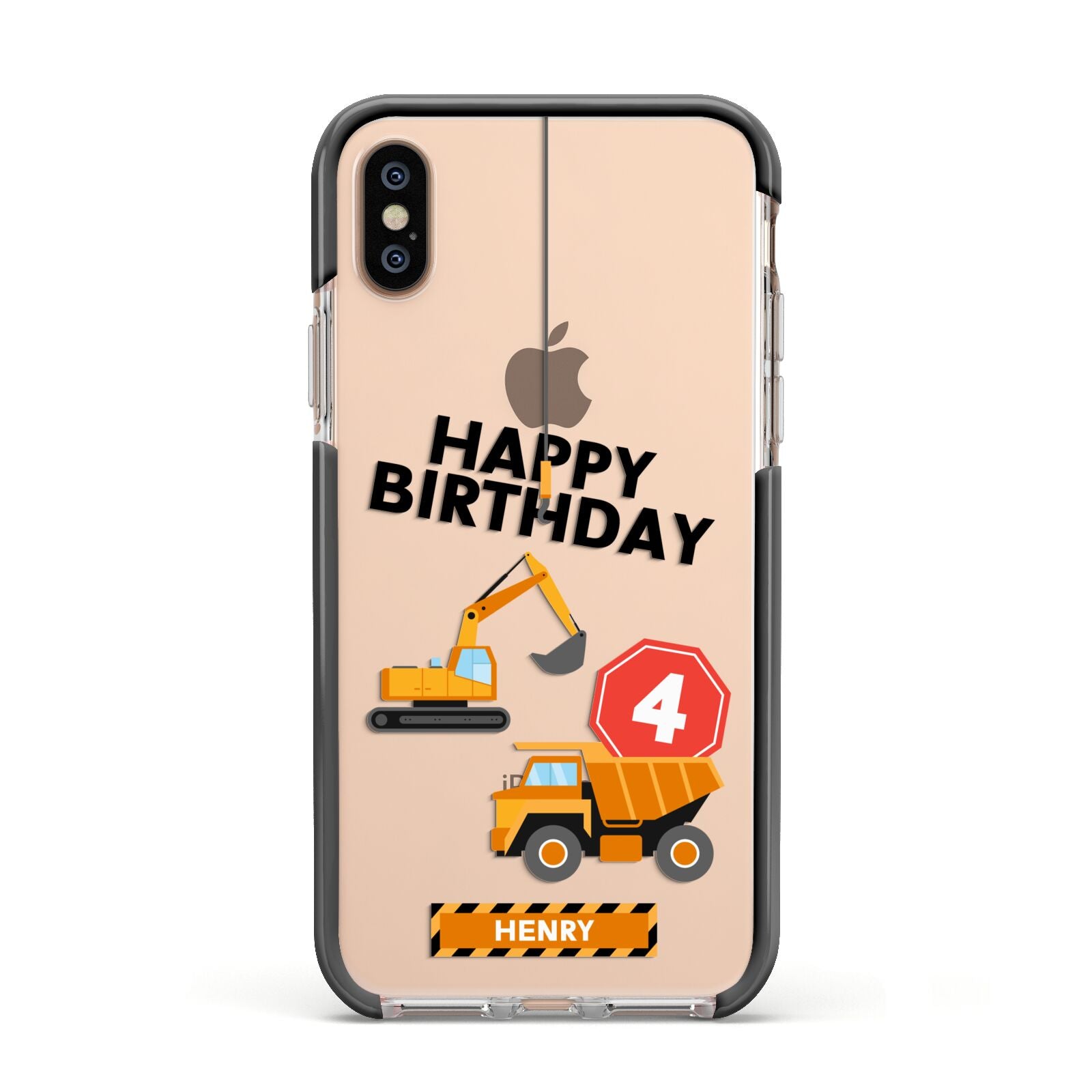 Boys Birthday Diggers Personalised Apple iPhone Xs Impact Case Black Edge on Gold Phone