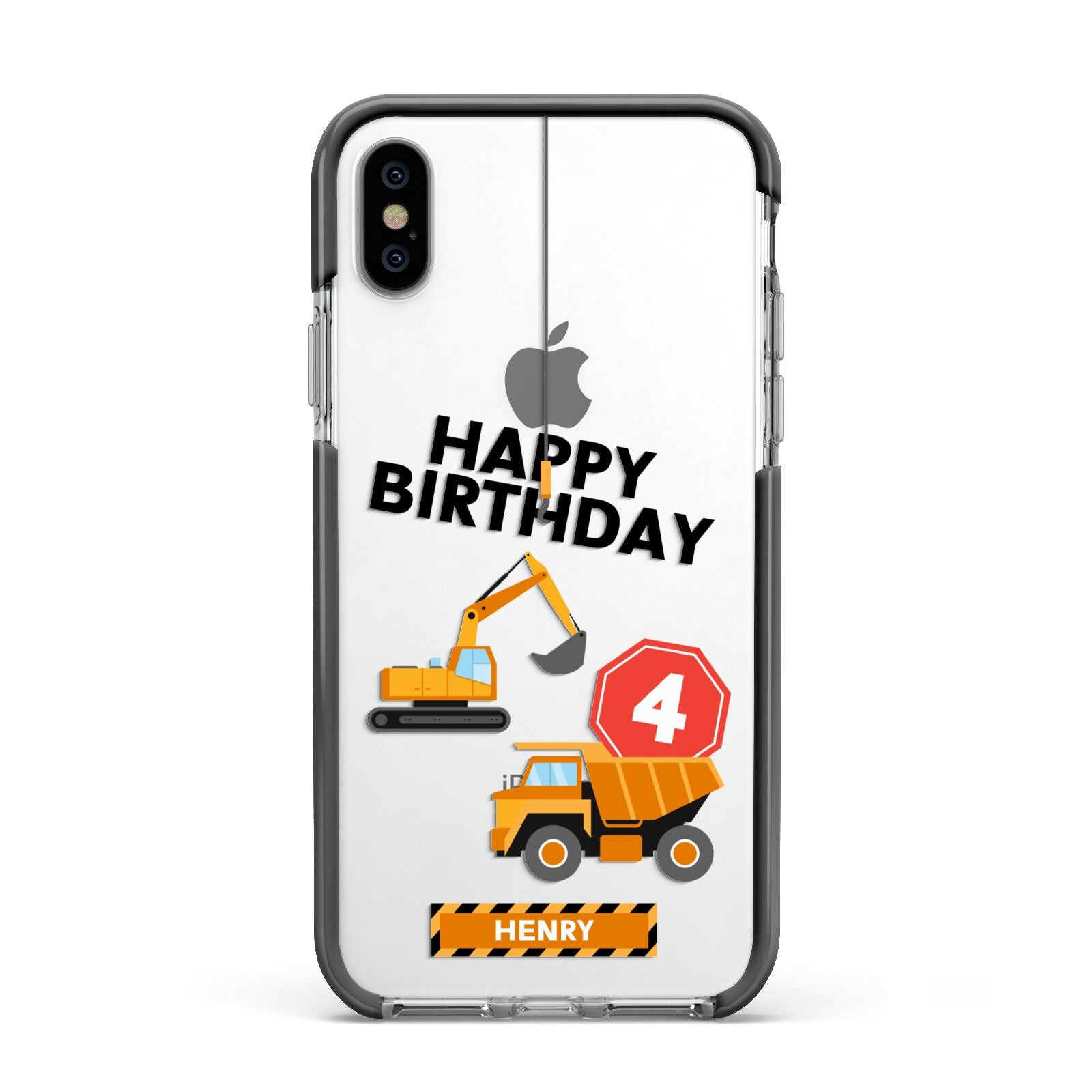 Boys Birthday Diggers Personalised Apple iPhone Xs Impact Case Black Edge on Silver Phone