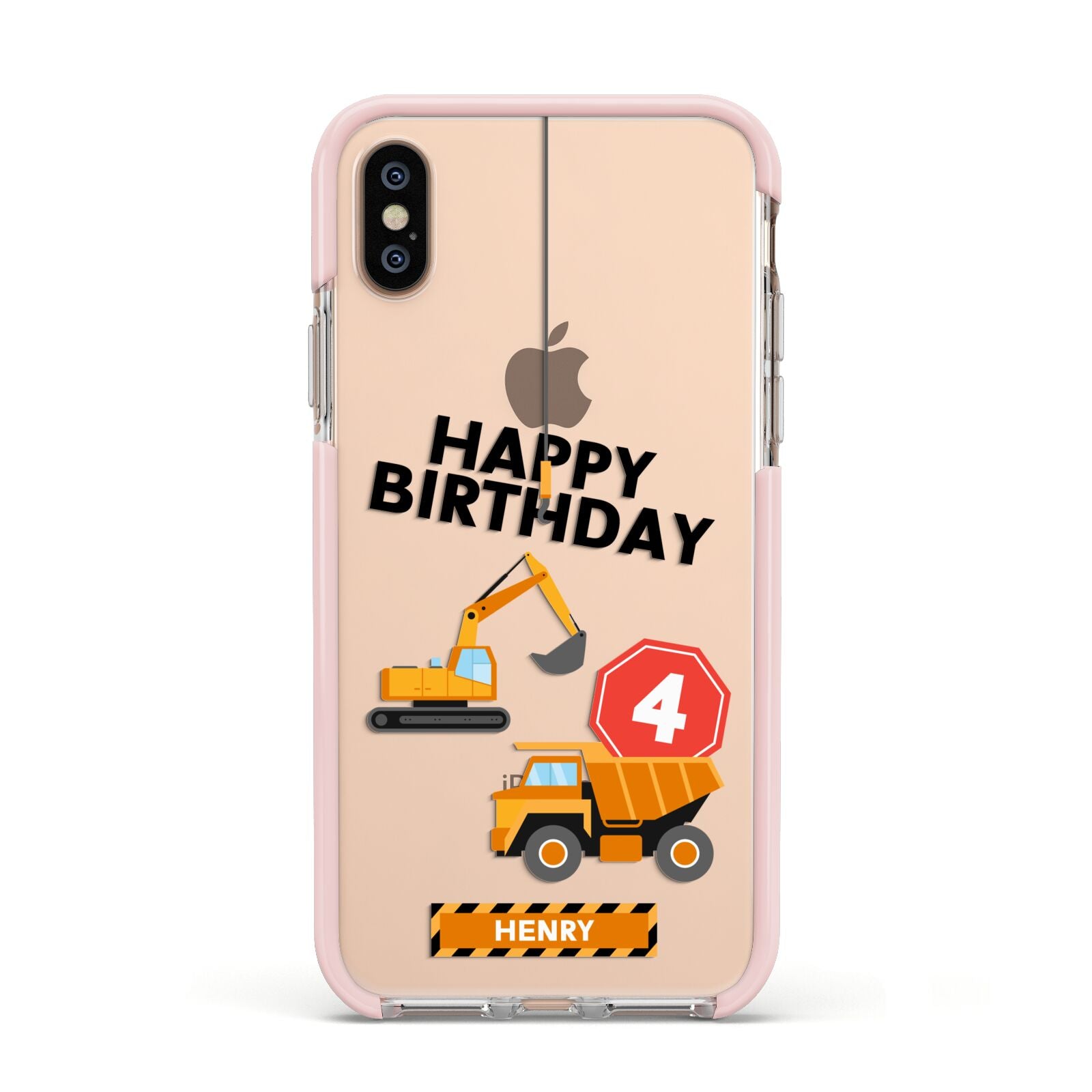 Boys Birthday Diggers Personalised Apple iPhone Xs Impact Case Pink Edge on Gold Phone