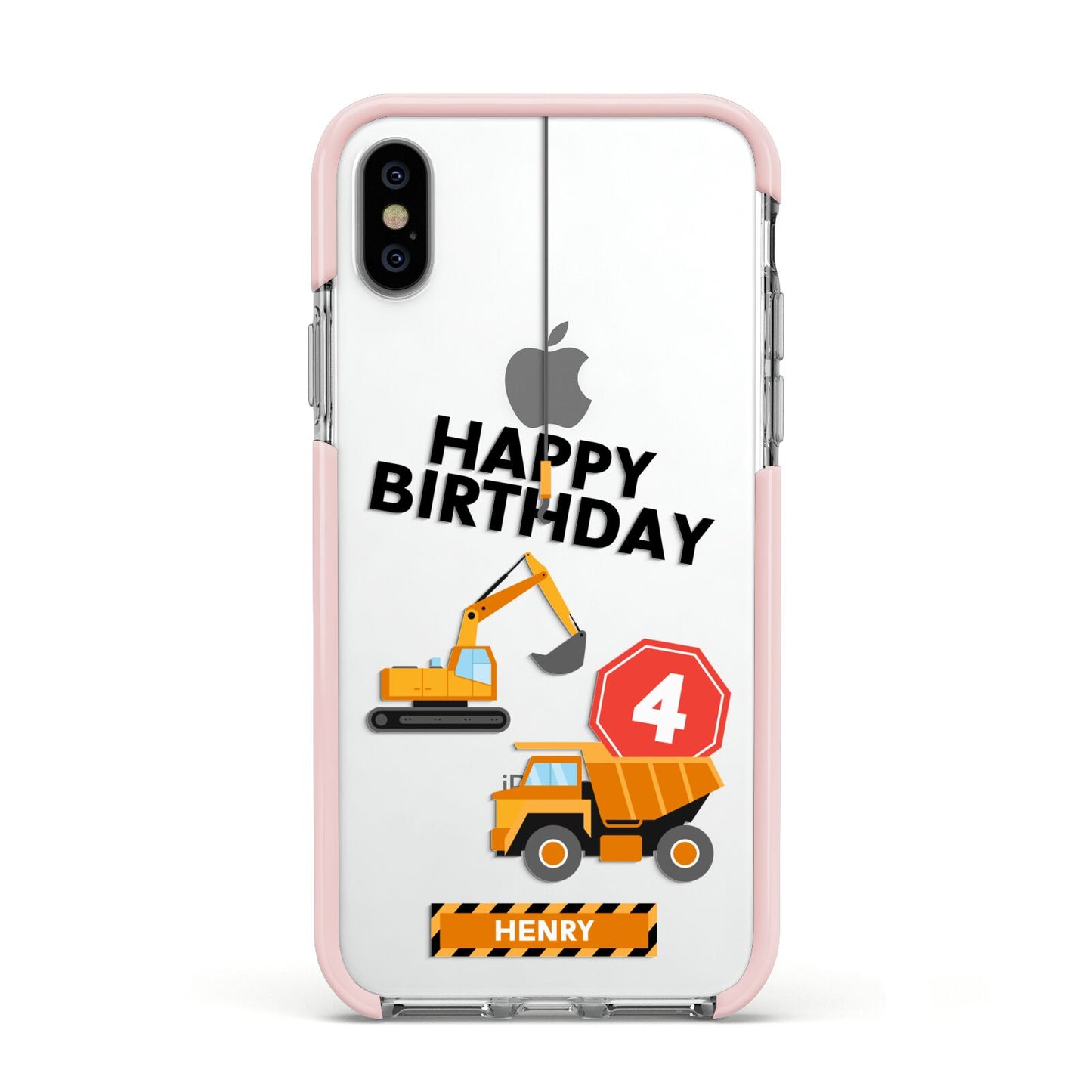 Boys Birthday Diggers Personalised Apple iPhone Xs Impact Case Pink Edge on Silver Phone