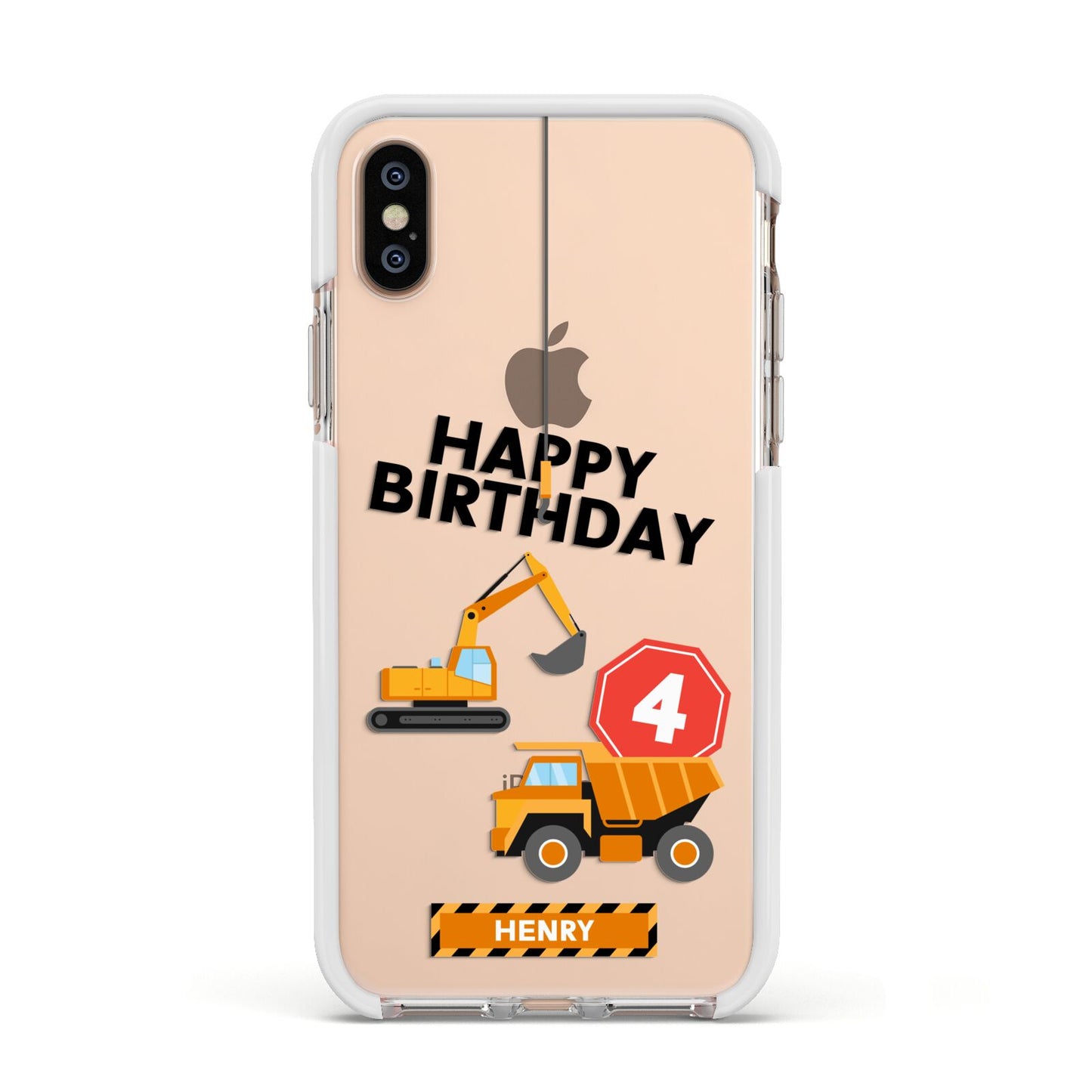 Boys Birthday Diggers Personalised Apple iPhone Xs Impact Case White Edge on Gold Phone