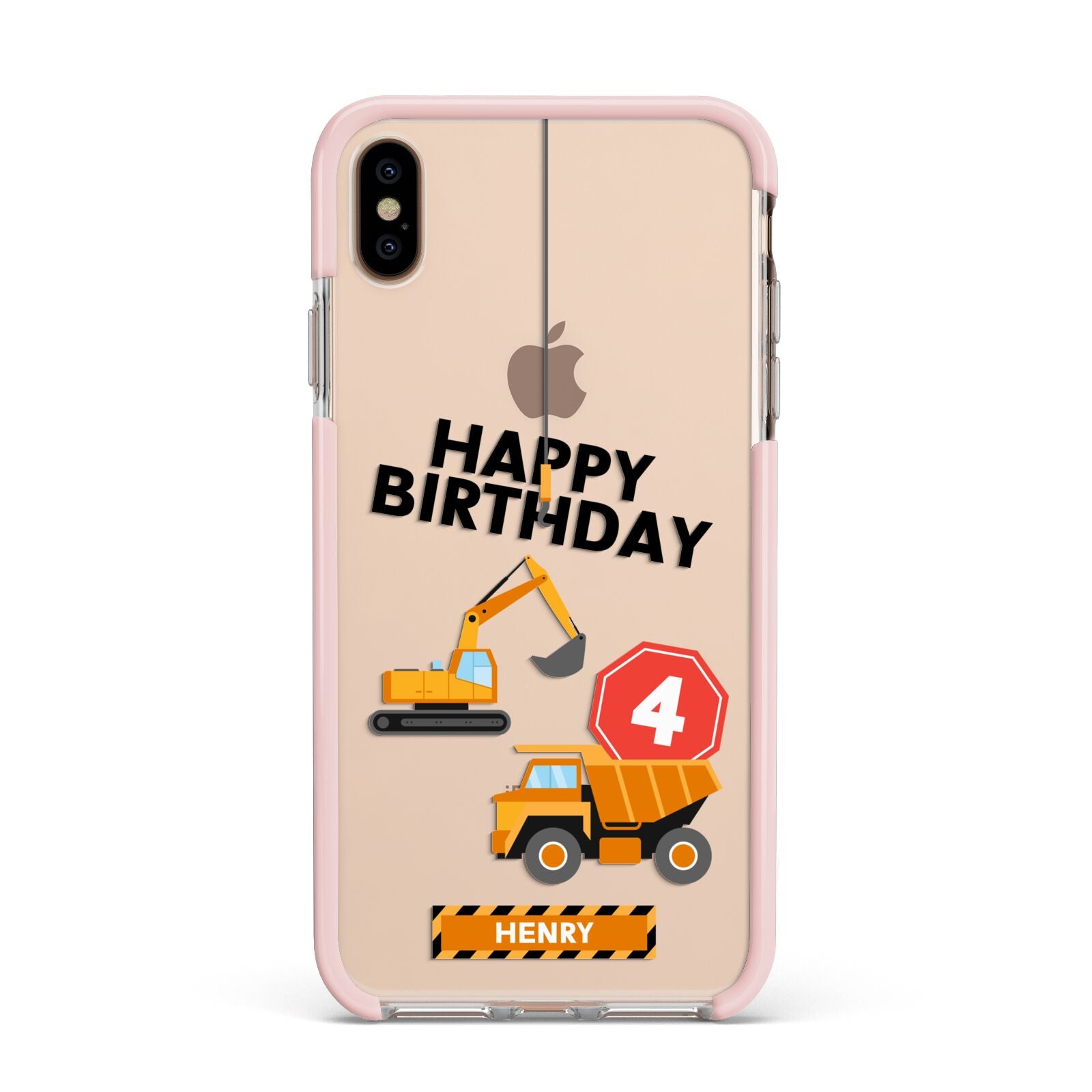 Boys Birthday Diggers Personalised Apple iPhone Xs Max Impact Case Pink Edge on Gold Phone