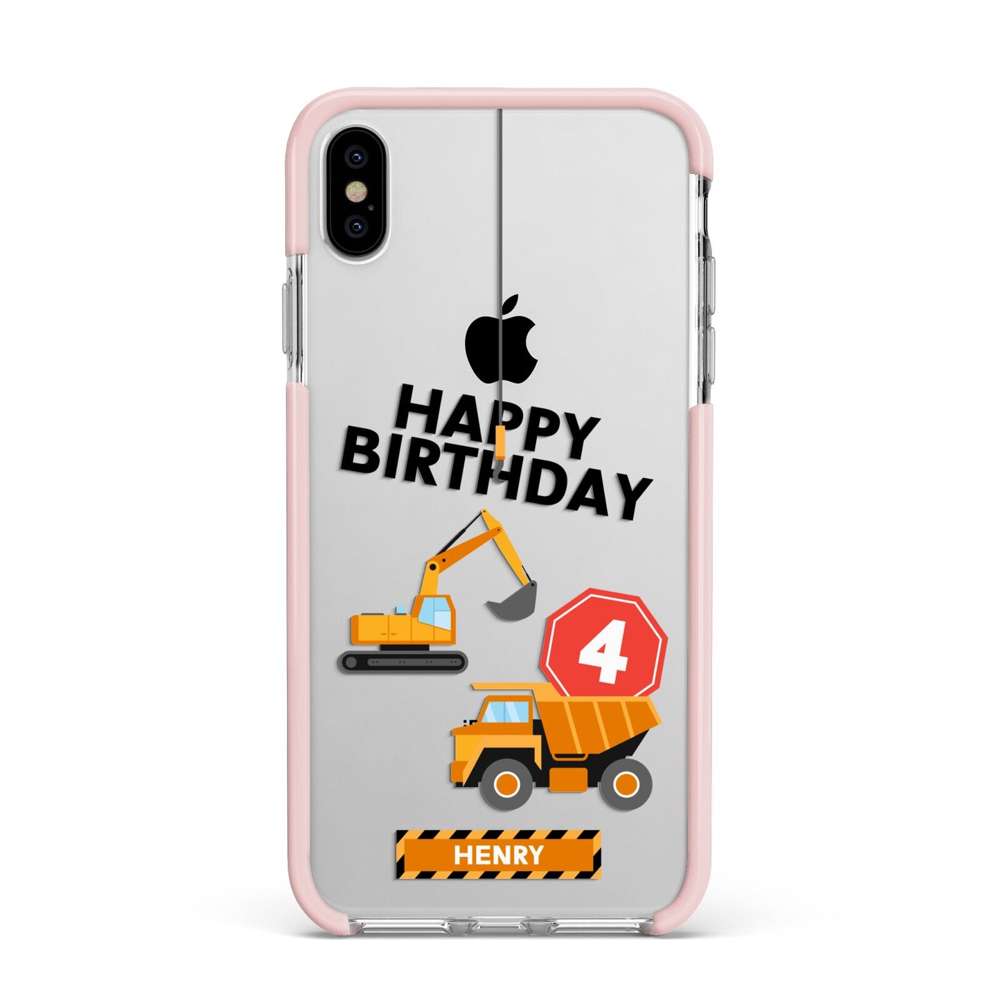 Boys Birthday Diggers Personalised Apple iPhone Xs Max Impact Case Pink Edge on Silver Phone