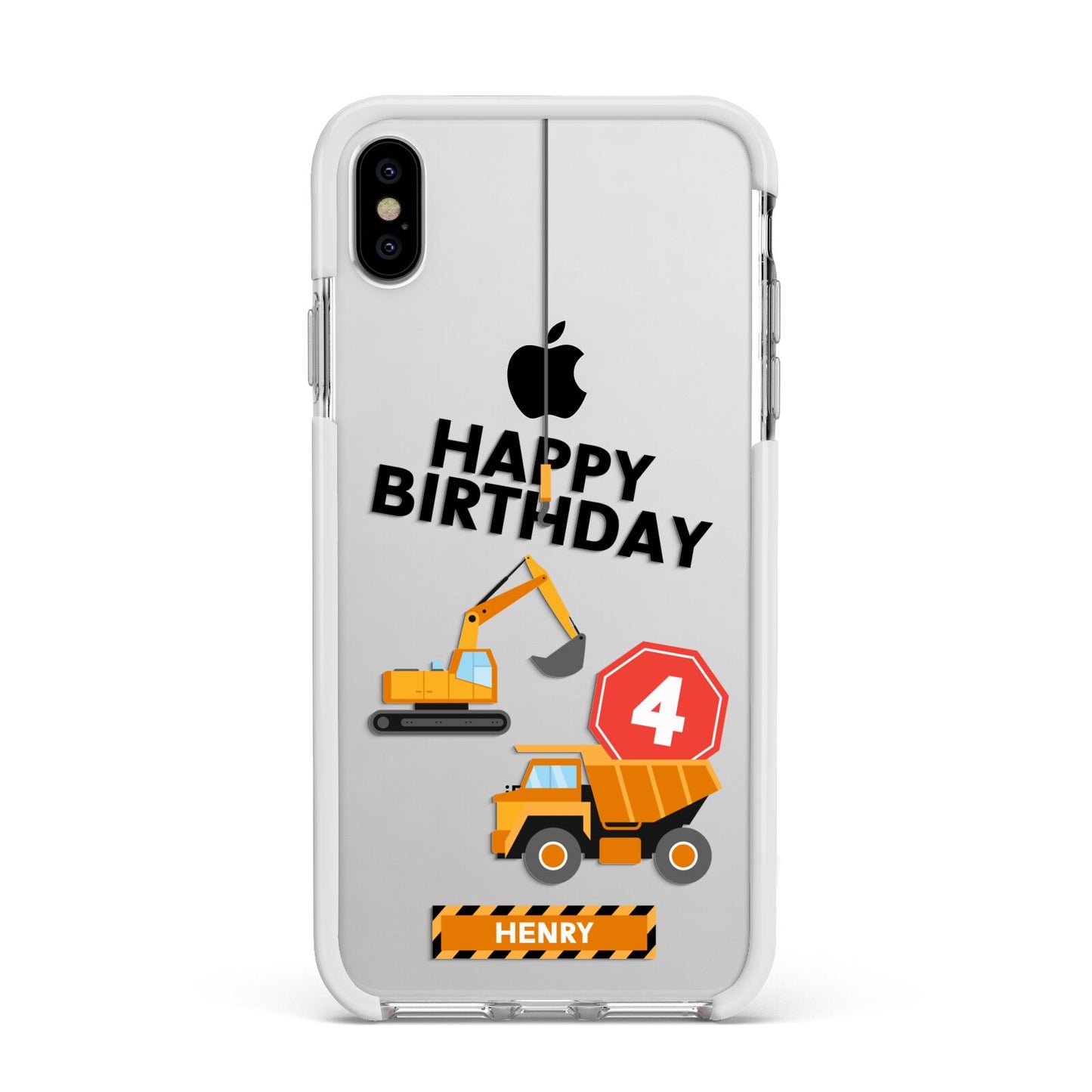 Boys Birthday Diggers Personalised Apple iPhone Xs Max Impact Case White Edge on Silver Phone
