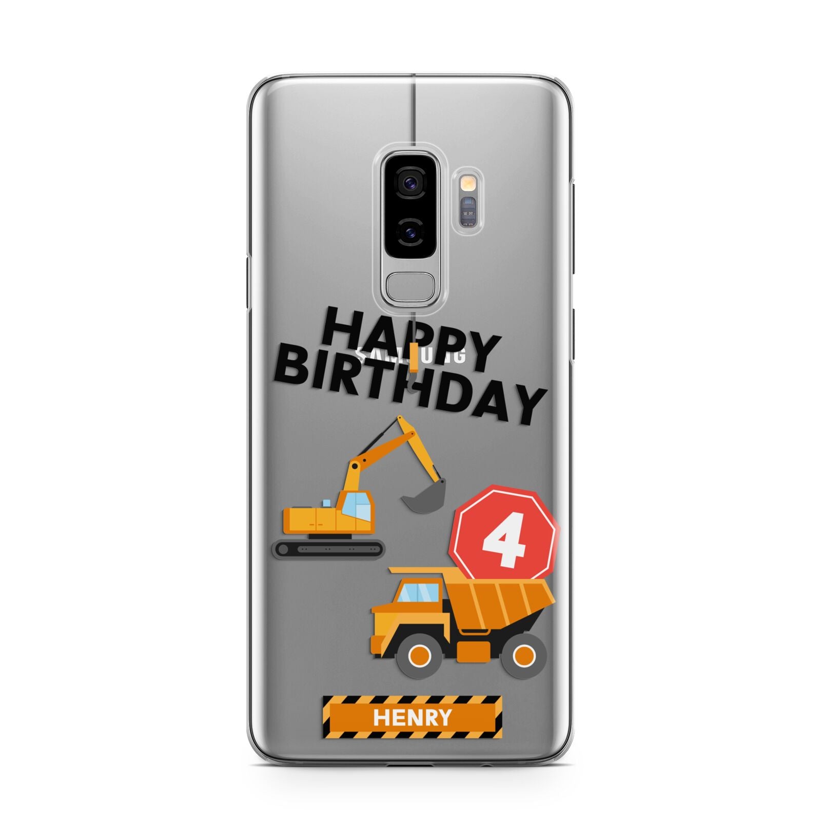 Boys Birthday Diggers Personalised Samsung Galaxy S9 Plus Case on Silver phone