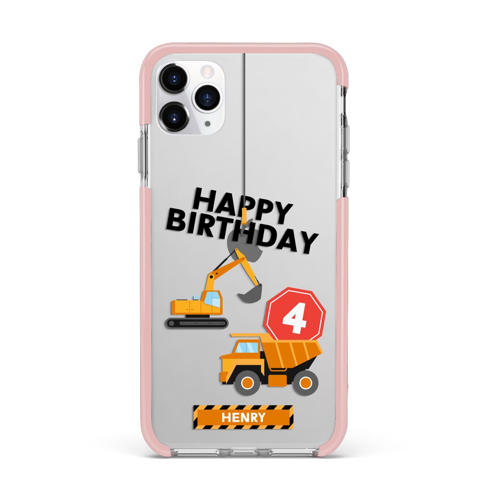 Boys Birthday Diggers Personalised iPhone 11 Pro Max Impact Pink Edge Case