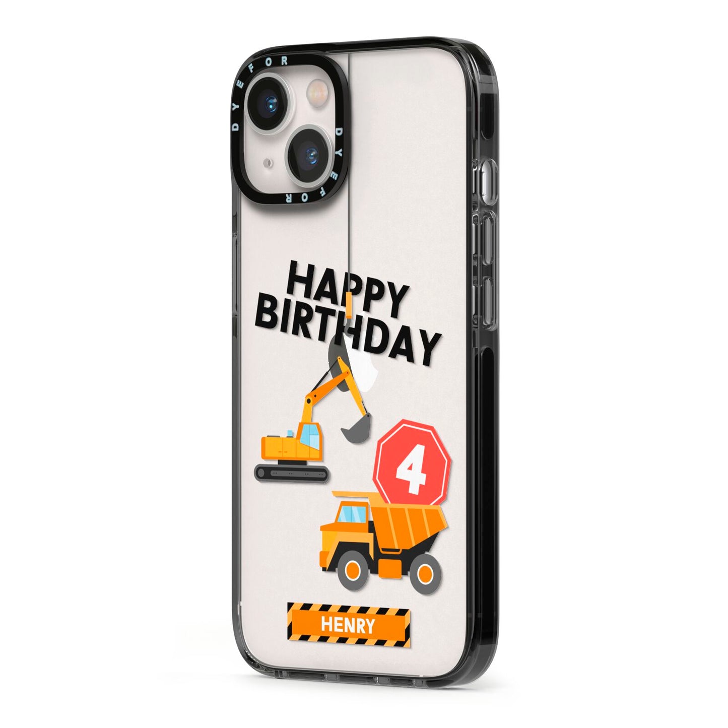 Boys Birthday Diggers Personalised iPhone 13 Black Impact Case Side Angle on Silver phone