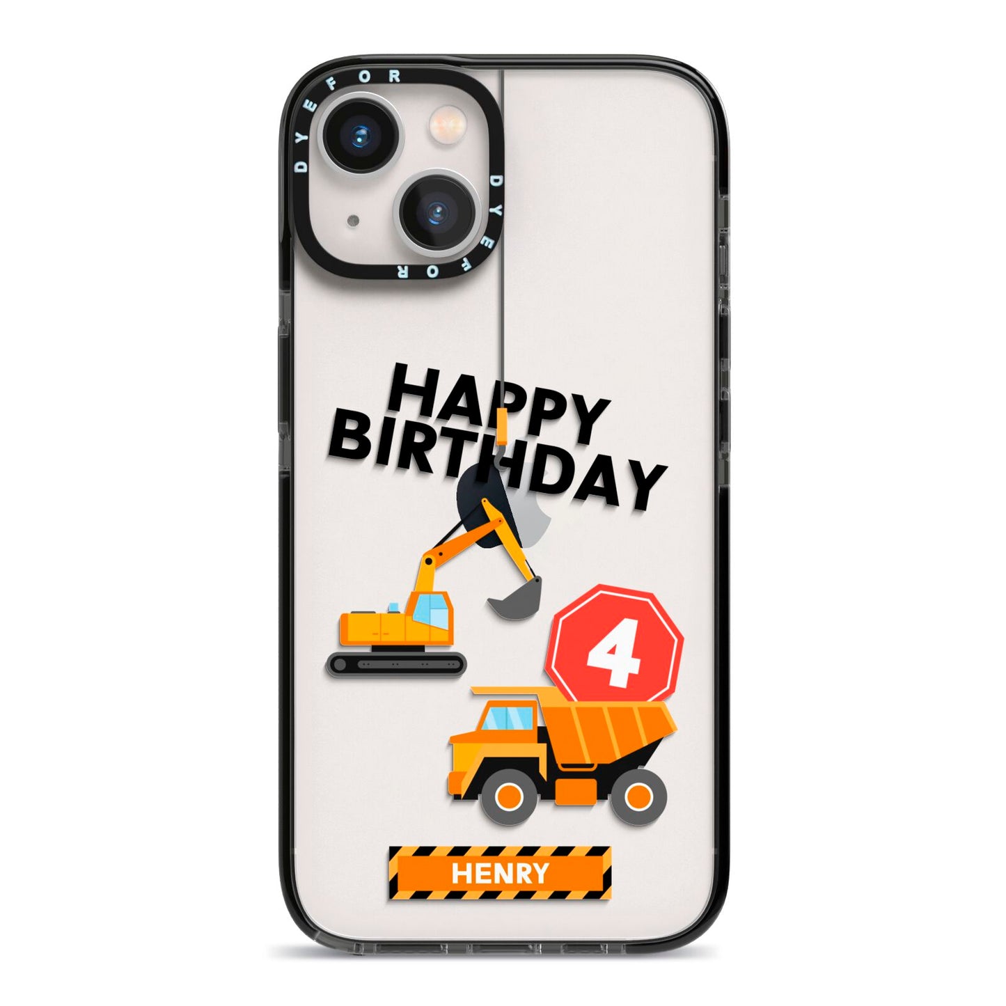 Boys Birthday Diggers Personalised iPhone 13 Black Impact Case on Silver phone