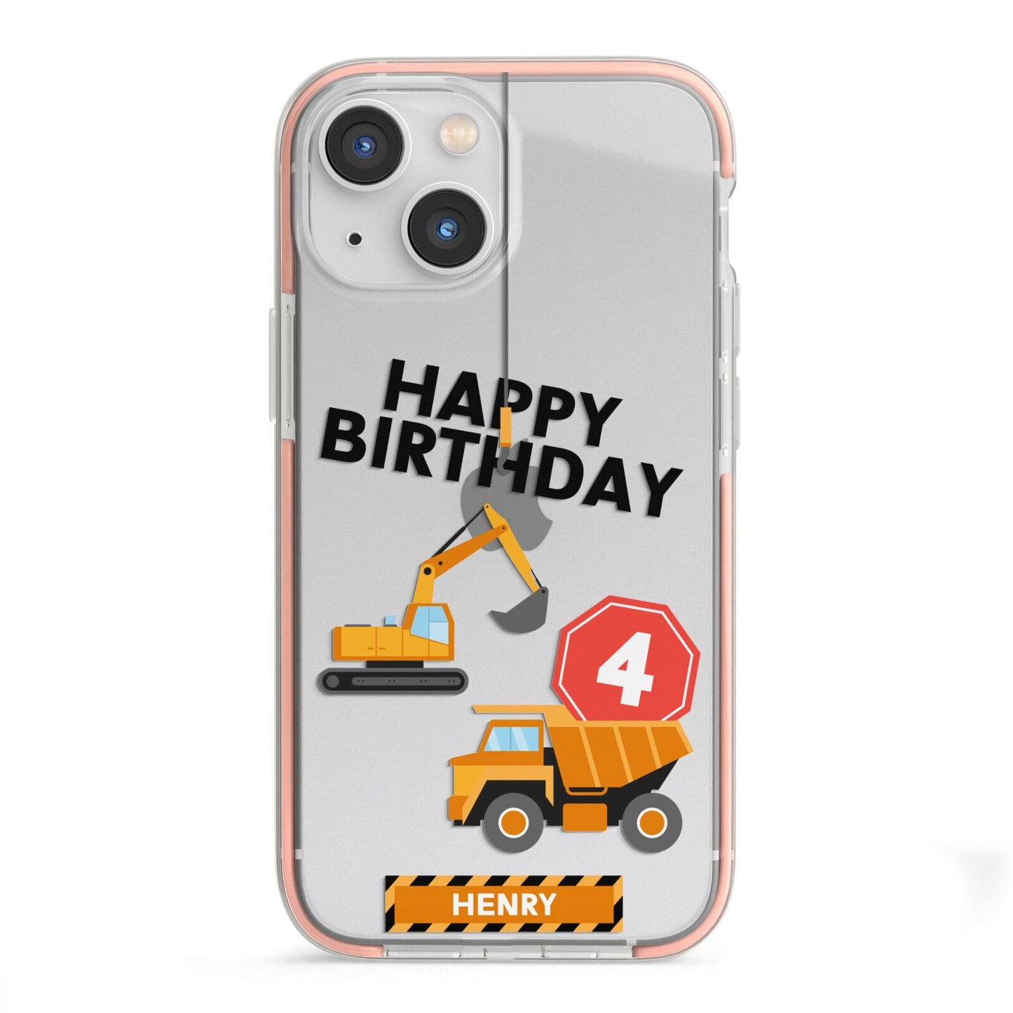 Boys Birthday Diggers Personalised iPhone 13 Mini TPU Impact Case with Pink Edges