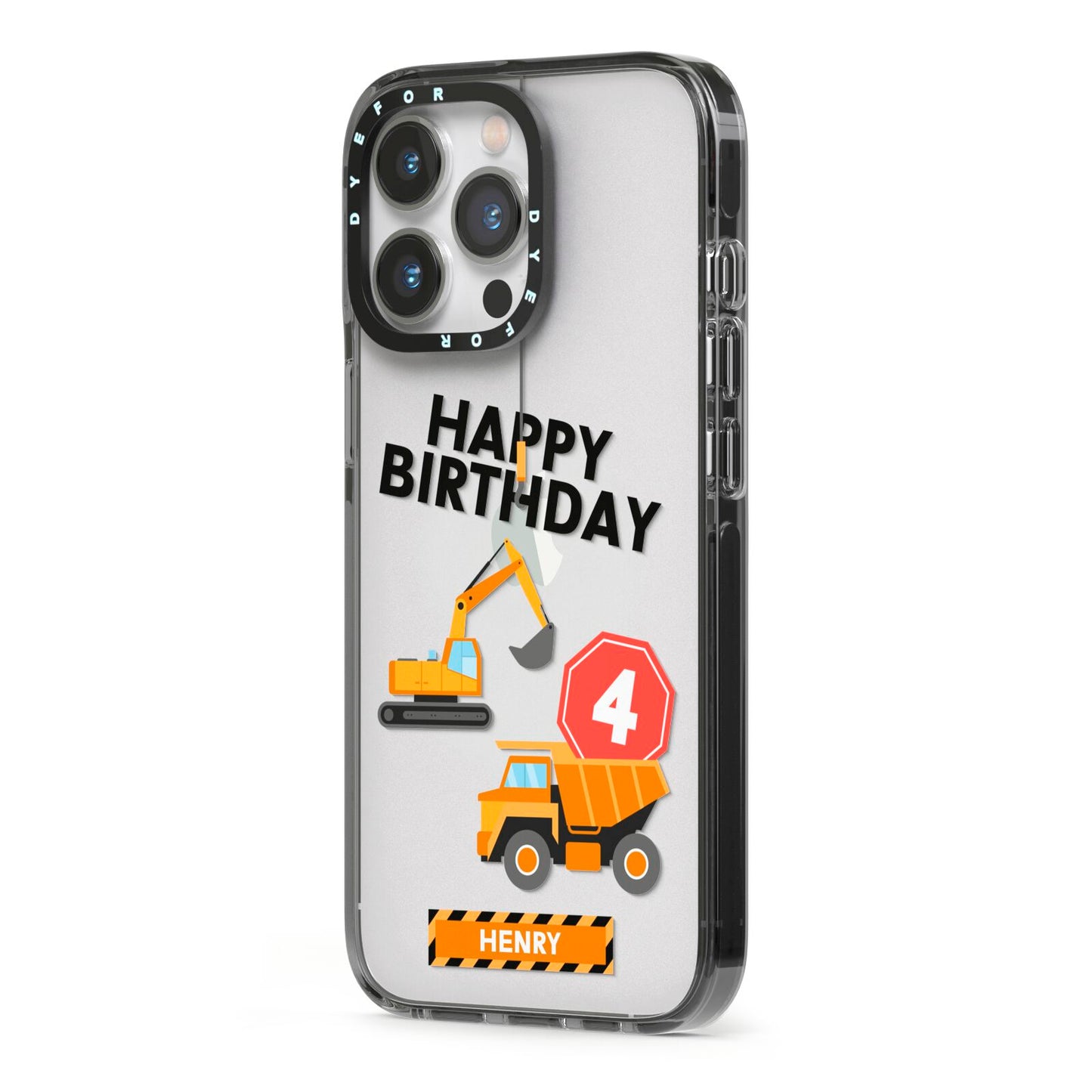 Boys Birthday Diggers Personalised iPhone 13 Pro Black Impact Case Side Angle on Silver phone