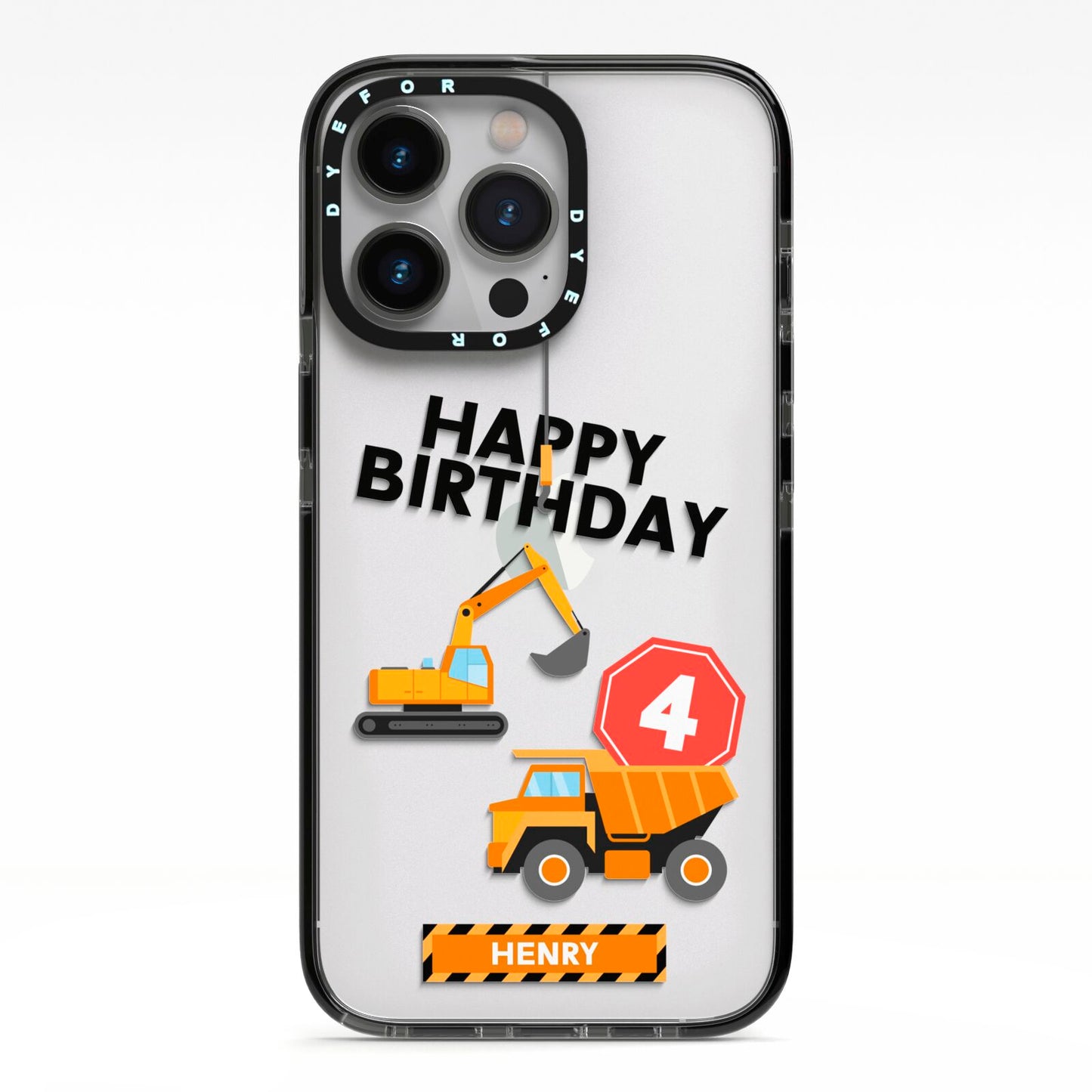 Boys Birthday Diggers Personalised iPhone 13 Pro Black Impact Case on Silver phone