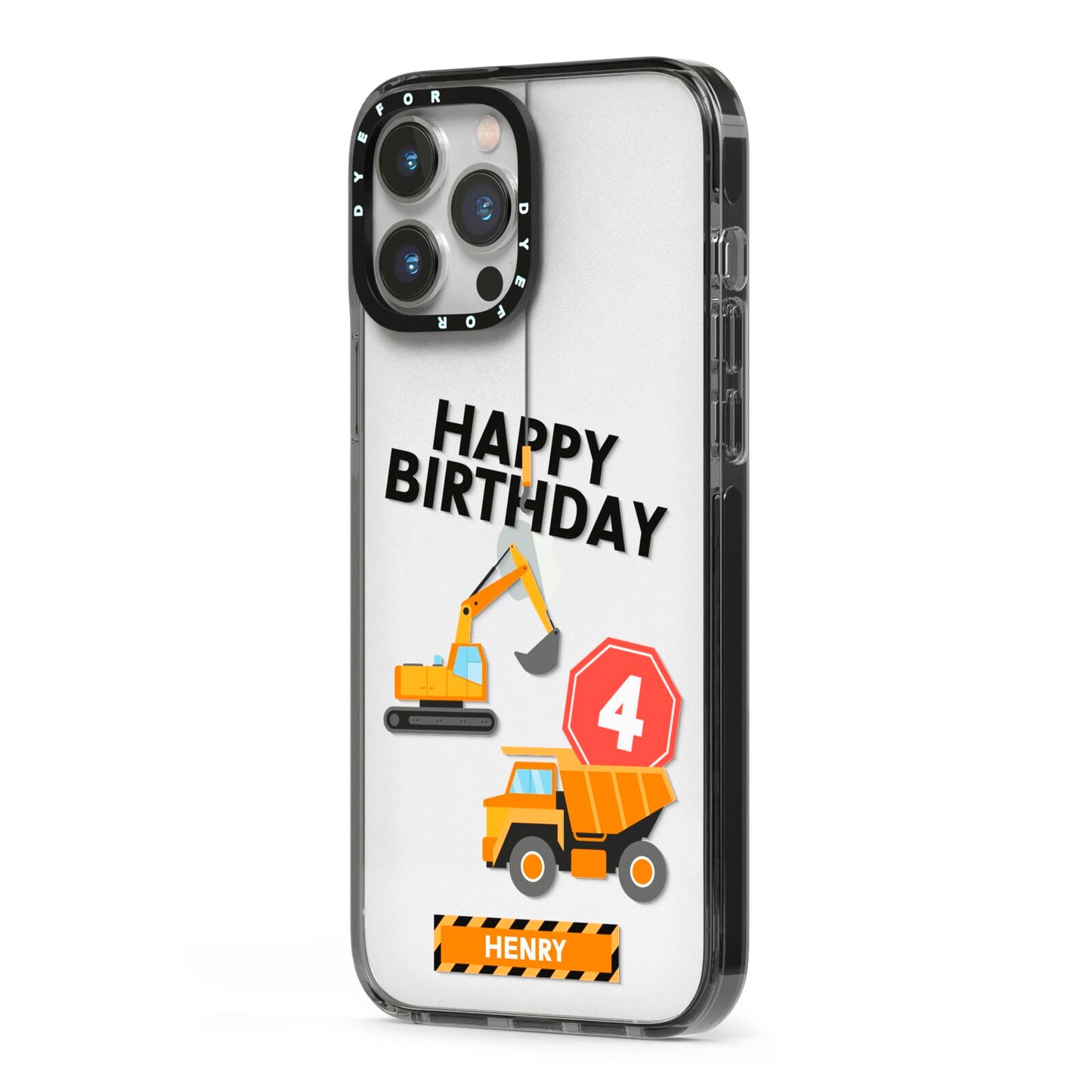 Boys Birthday Diggers Personalised iPhone 13 Pro Max Black Impact Case Side Angle on Silver phone