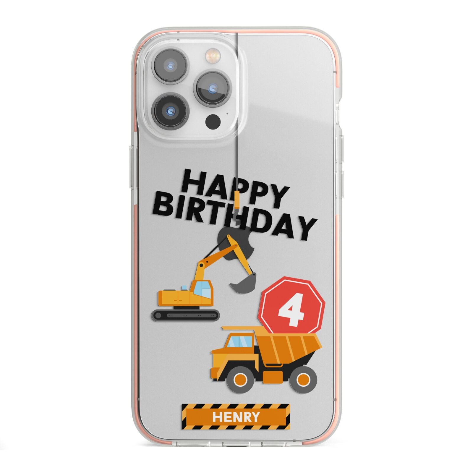 Boys Birthday Diggers Personalised iPhone 13 Pro Max TPU Impact Case with Pink Edges