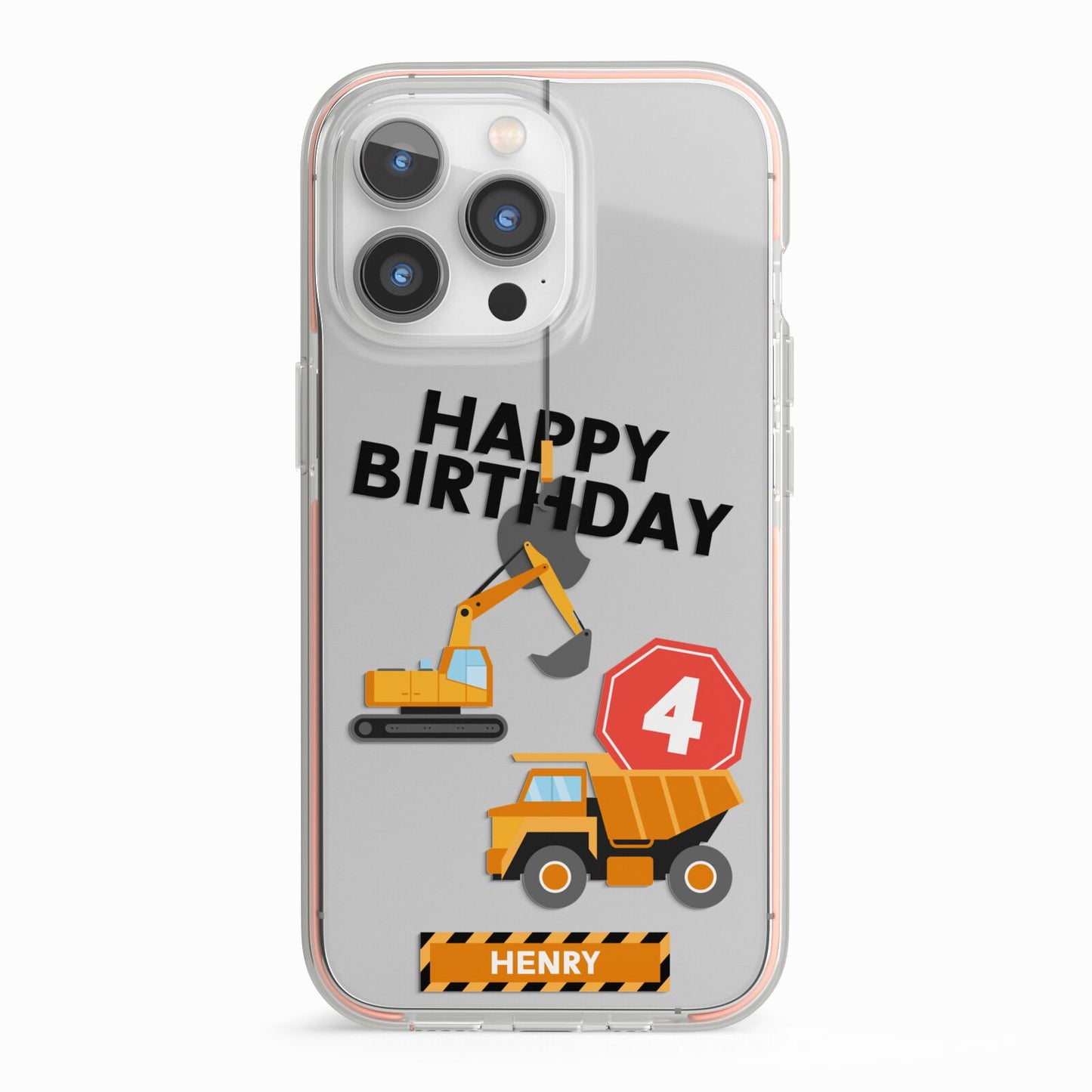 Boys Birthday Diggers Personalised iPhone 13 Pro TPU Impact Case with Pink Edges