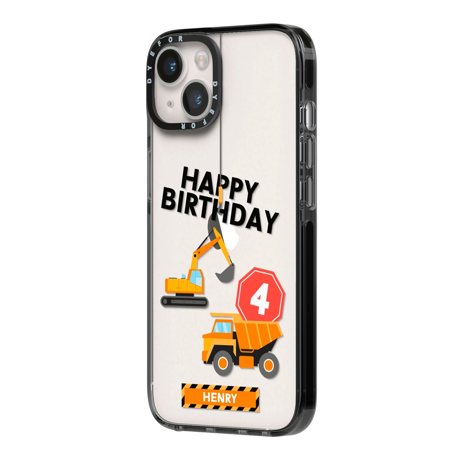 Boys Birthday Diggers Personalised iPhone 14 Black Impact Case Side Angle on Silver phone