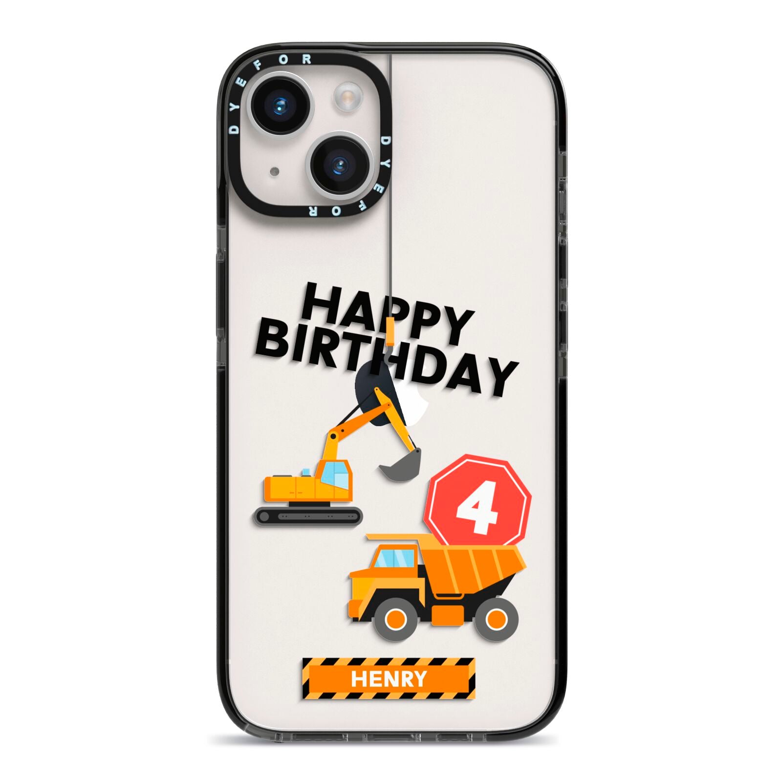 Boys Birthday Diggers Personalised iPhone 14 Black Impact Case on Silver phone
