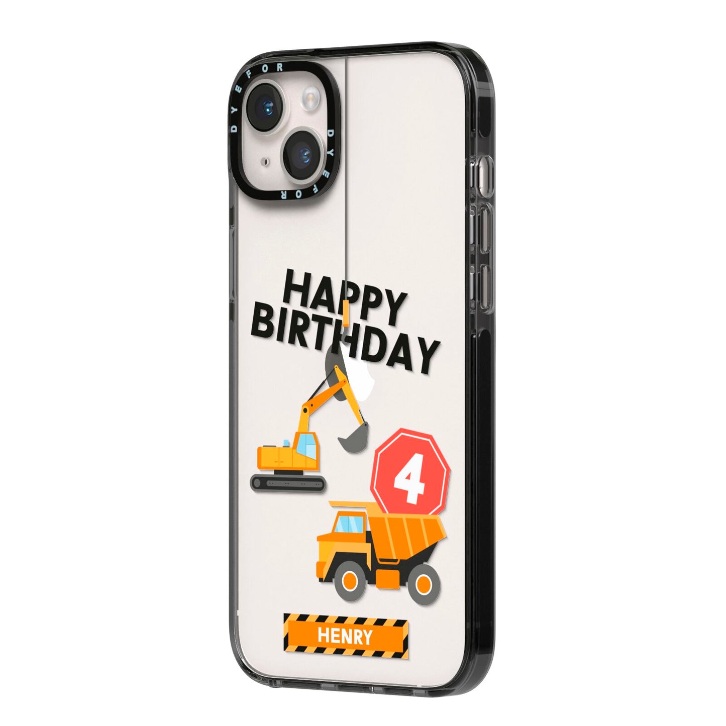Boys Birthday Diggers Personalised iPhone 14 Plus Black Impact Case Side Angle on Silver phone