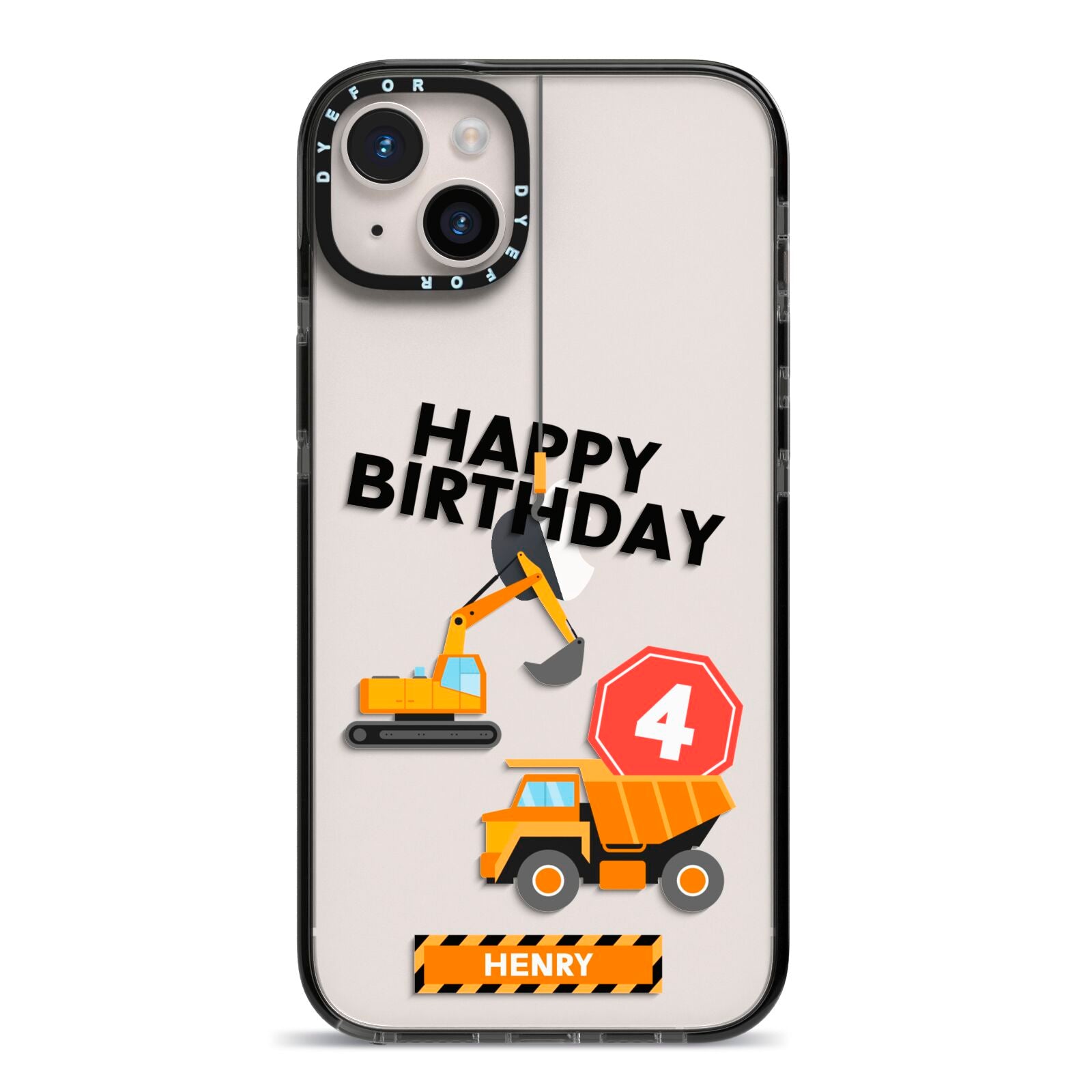 Boys Birthday Diggers Personalised iPhone 14 Plus Black Impact Case on Silver phone