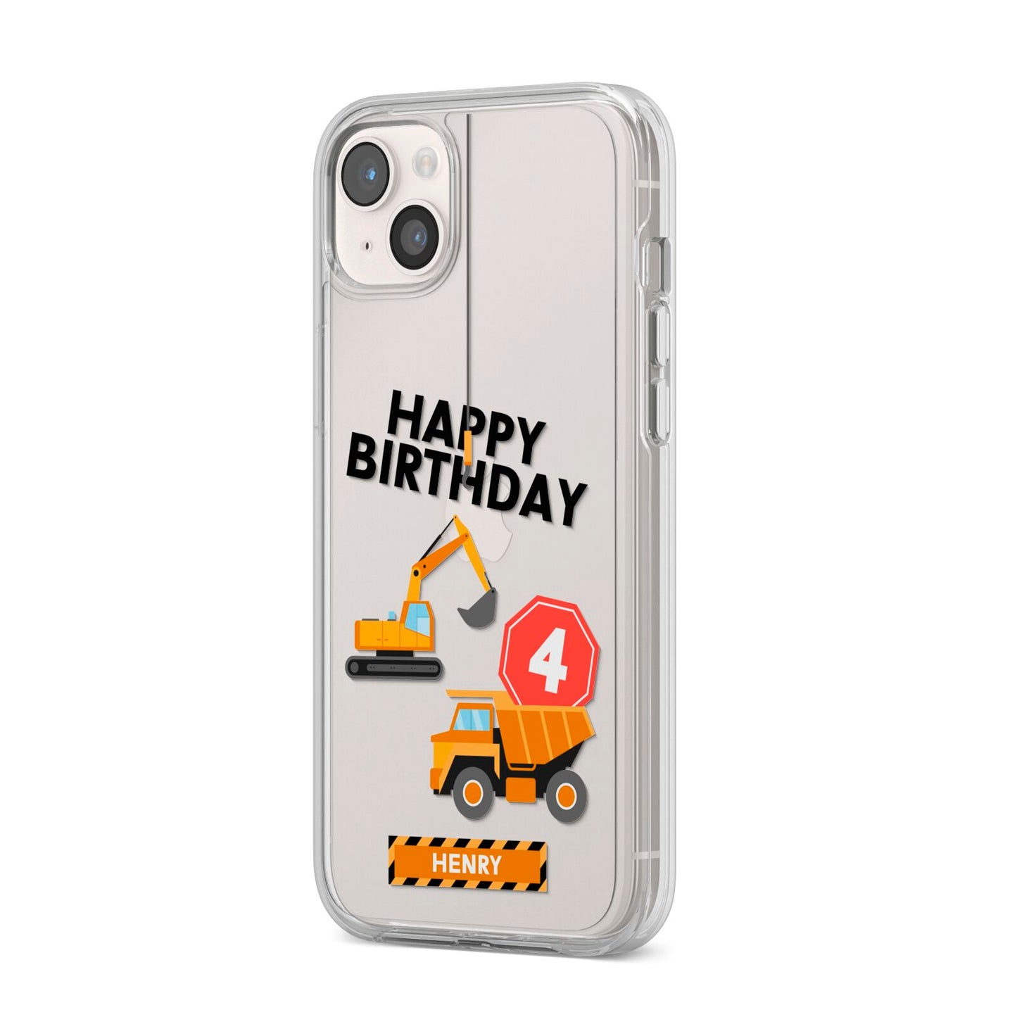 Boys Birthday Diggers Personalised iPhone 14 Plus Clear Tough Case Starlight Angled Image