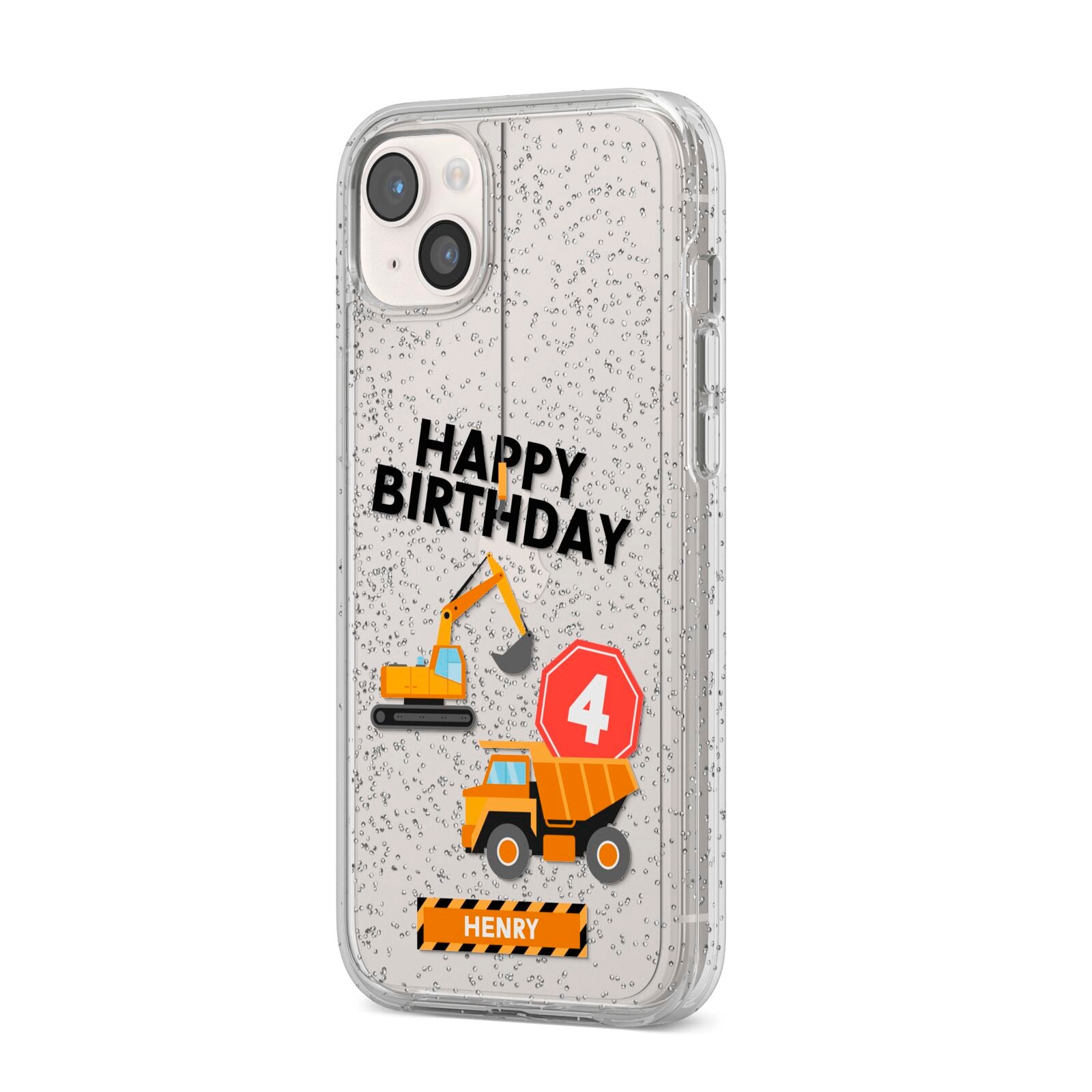 Boys Birthday Diggers Personalised iPhone 14 Plus Glitter Tough Case Starlight Angled Image