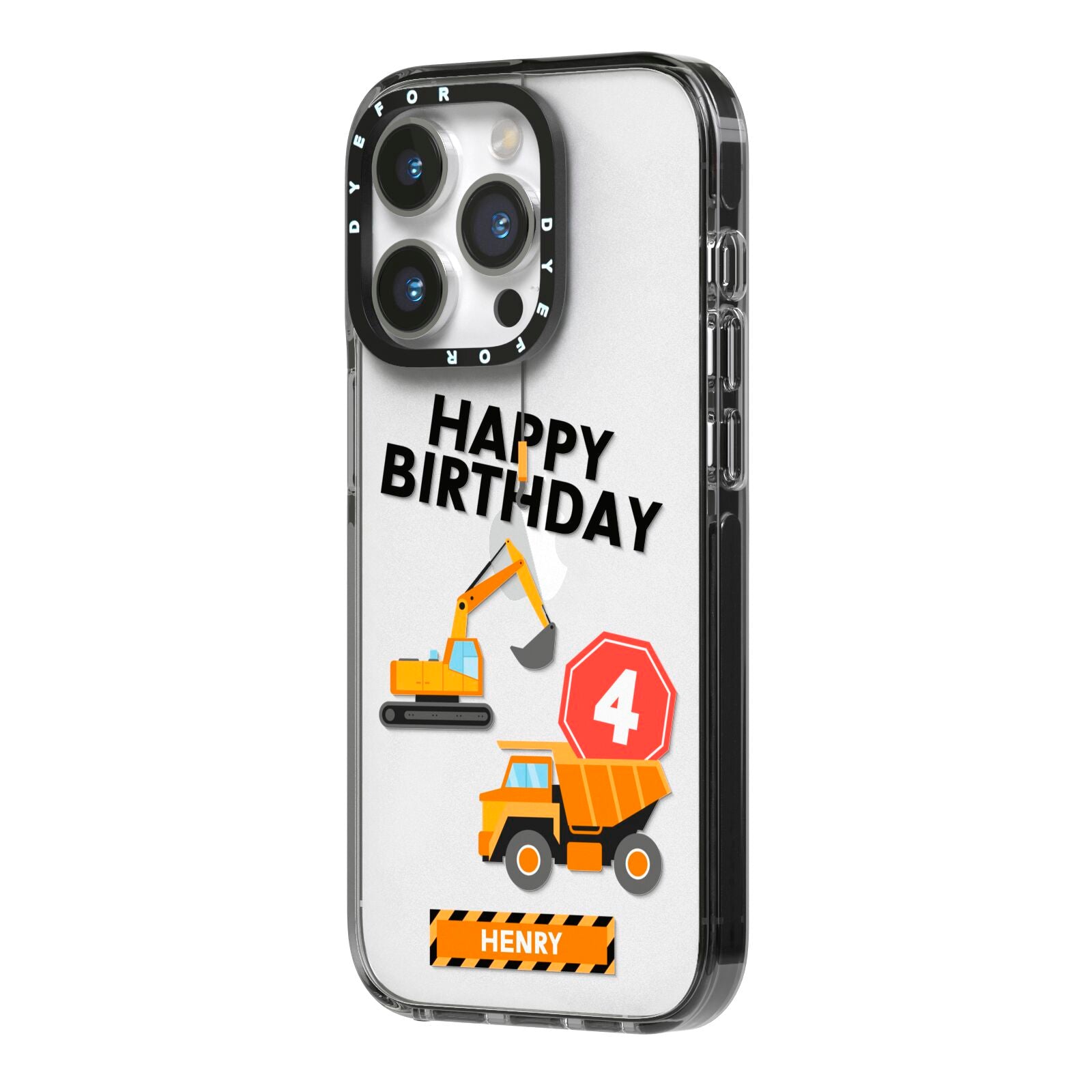 Boys Birthday Diggers Personalised iPhone 14 Pro Black Impact Case Side Angle on Silver phone