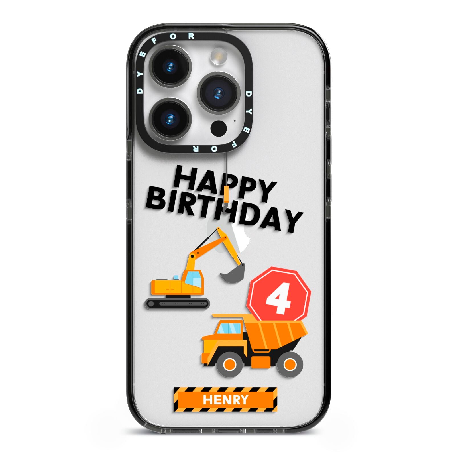 Boys Birthday Diggers Personalised iPhone 14 Pro Black Impact Case on Silver phone