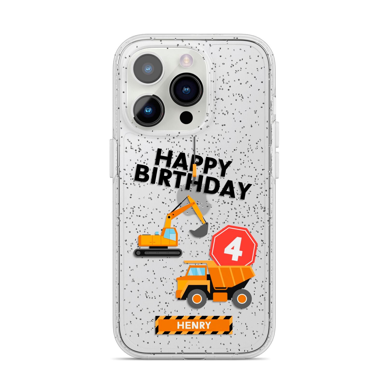 Boys Birthday Diggers Personalised iPhone 14 Pro Glitter Tough Case Silver