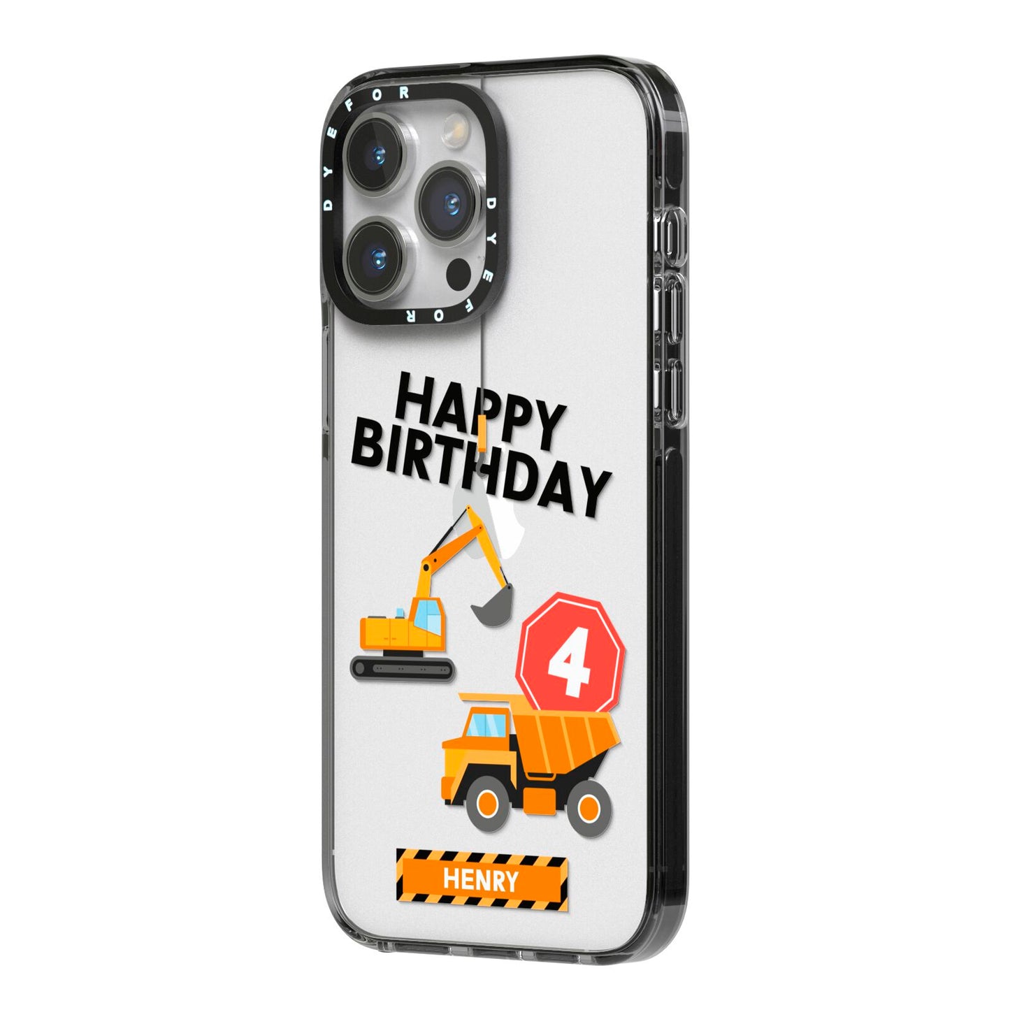 Boys Birthday Diggers Personalised iPhone 14 Pro Max Black Impact Case Side Angle on Silver phone
